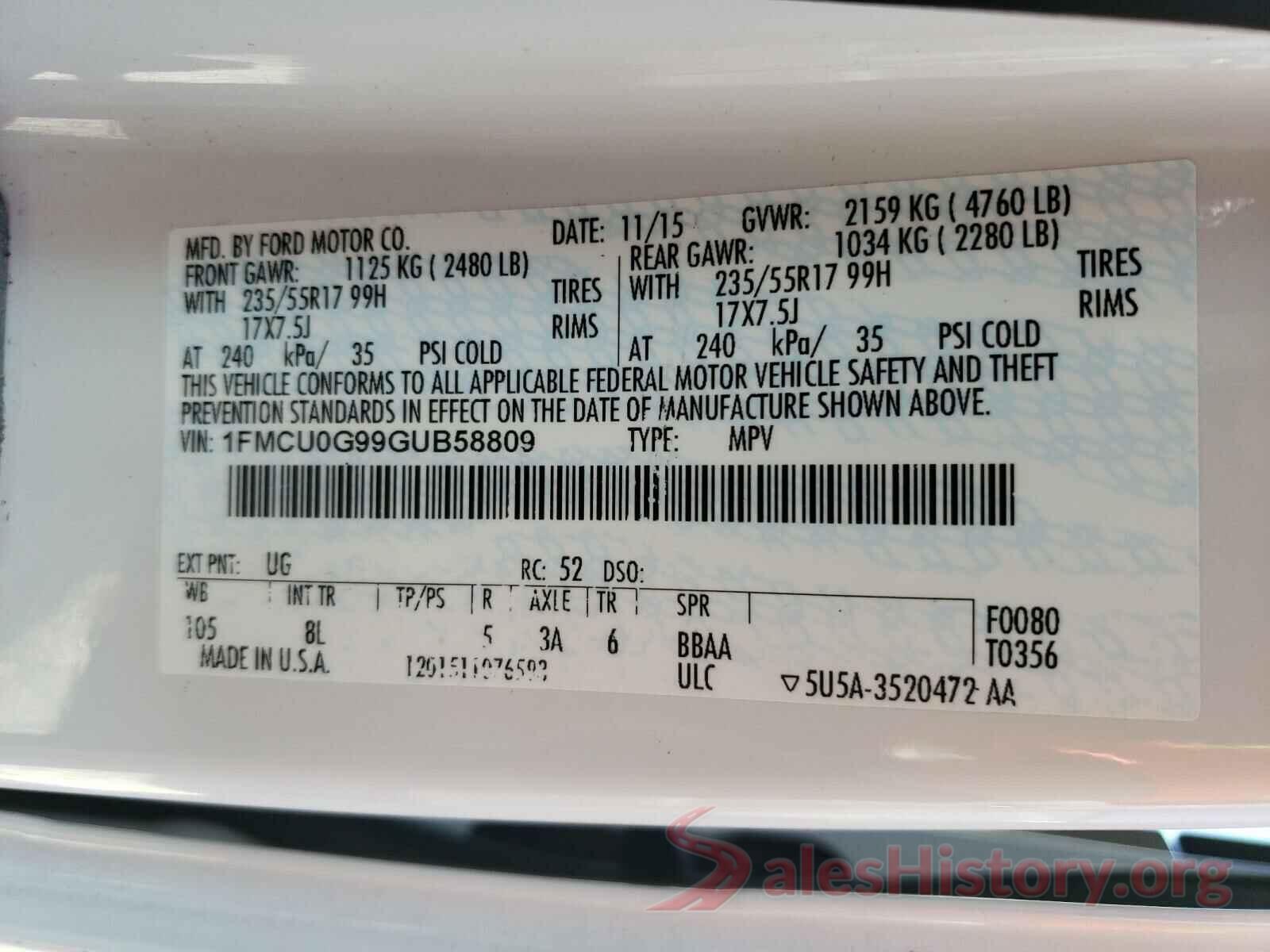 1FMCU0G99GUB58809 2016 FORD ESCAPE