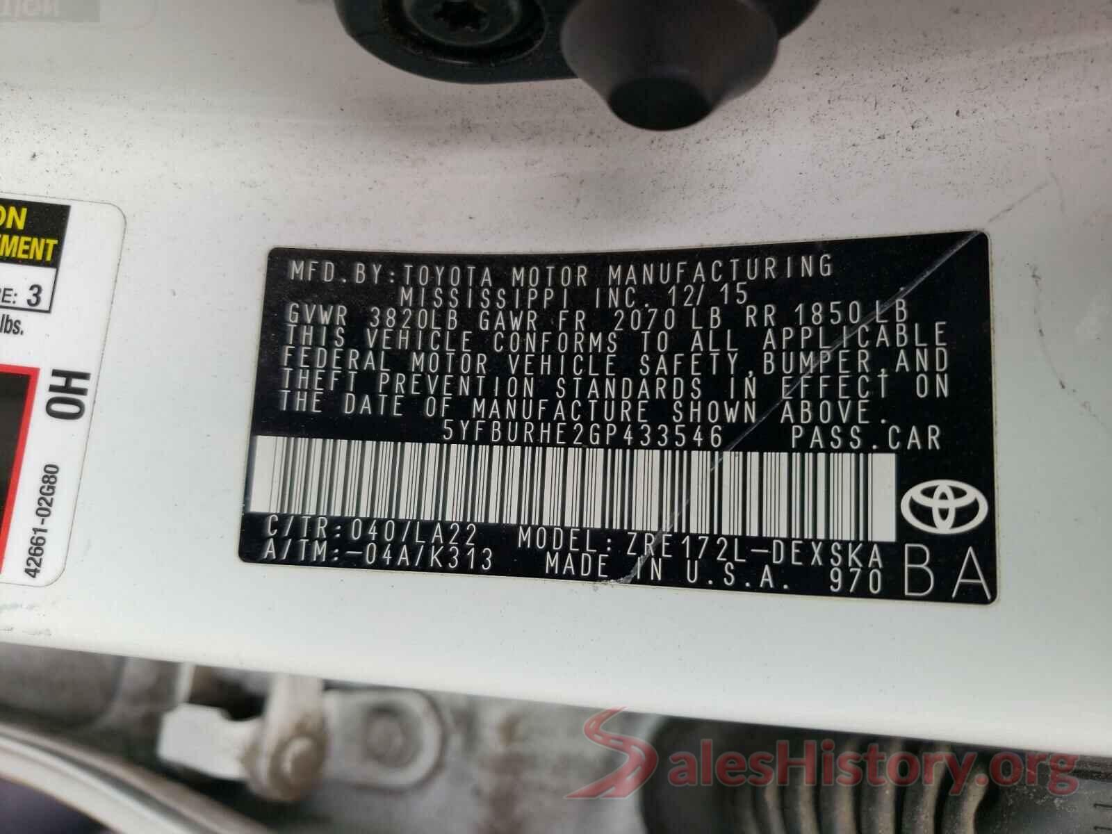 5YFBURHE2GP433546 2016 TOYOTA COROLLA