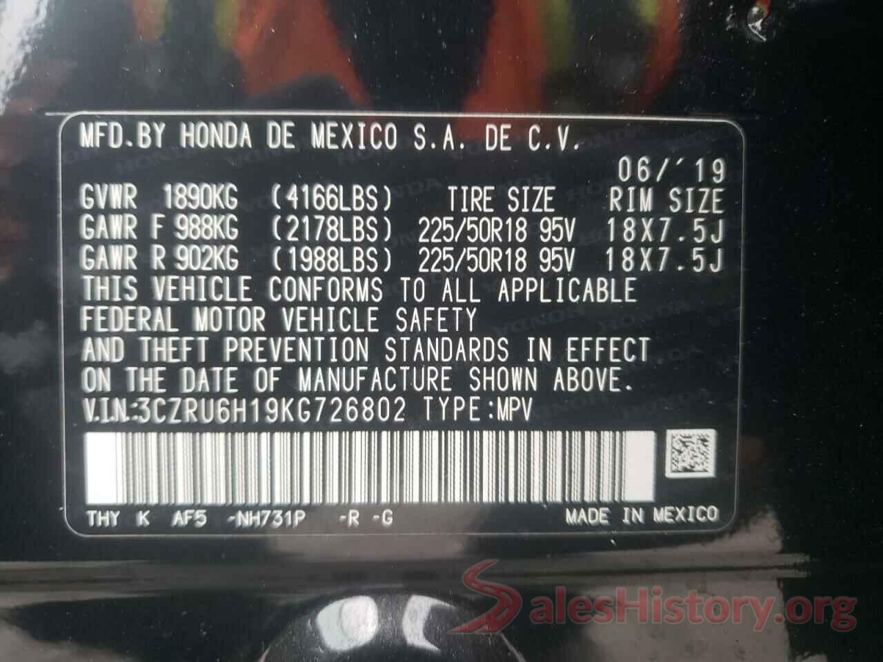 3CZRU6H19KG726802 2019 HONDA HR-V