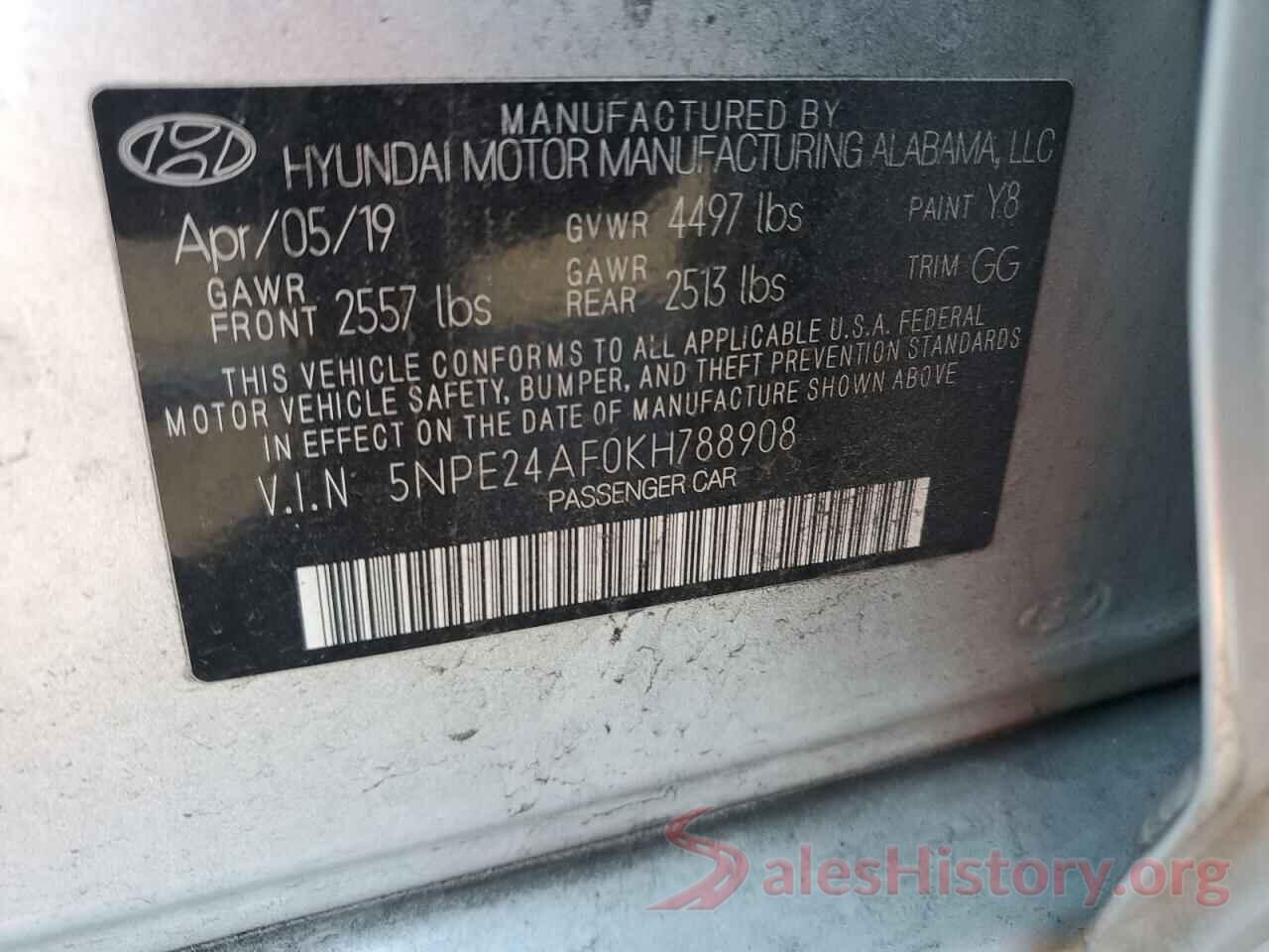 5NPE24AF0KH788908 2019 HYUNDAI SONATA