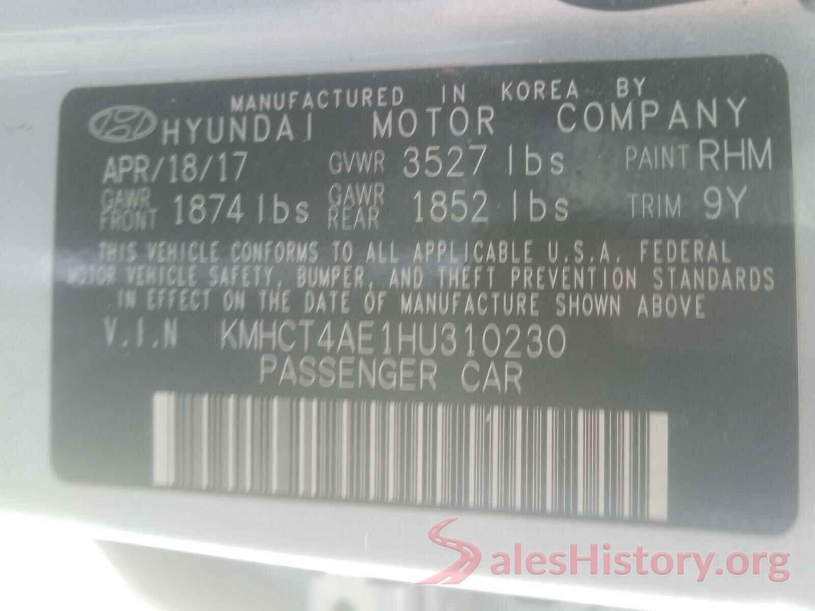 KMHCT4AE1HU310230 2017 HYUNDAI ACCENT