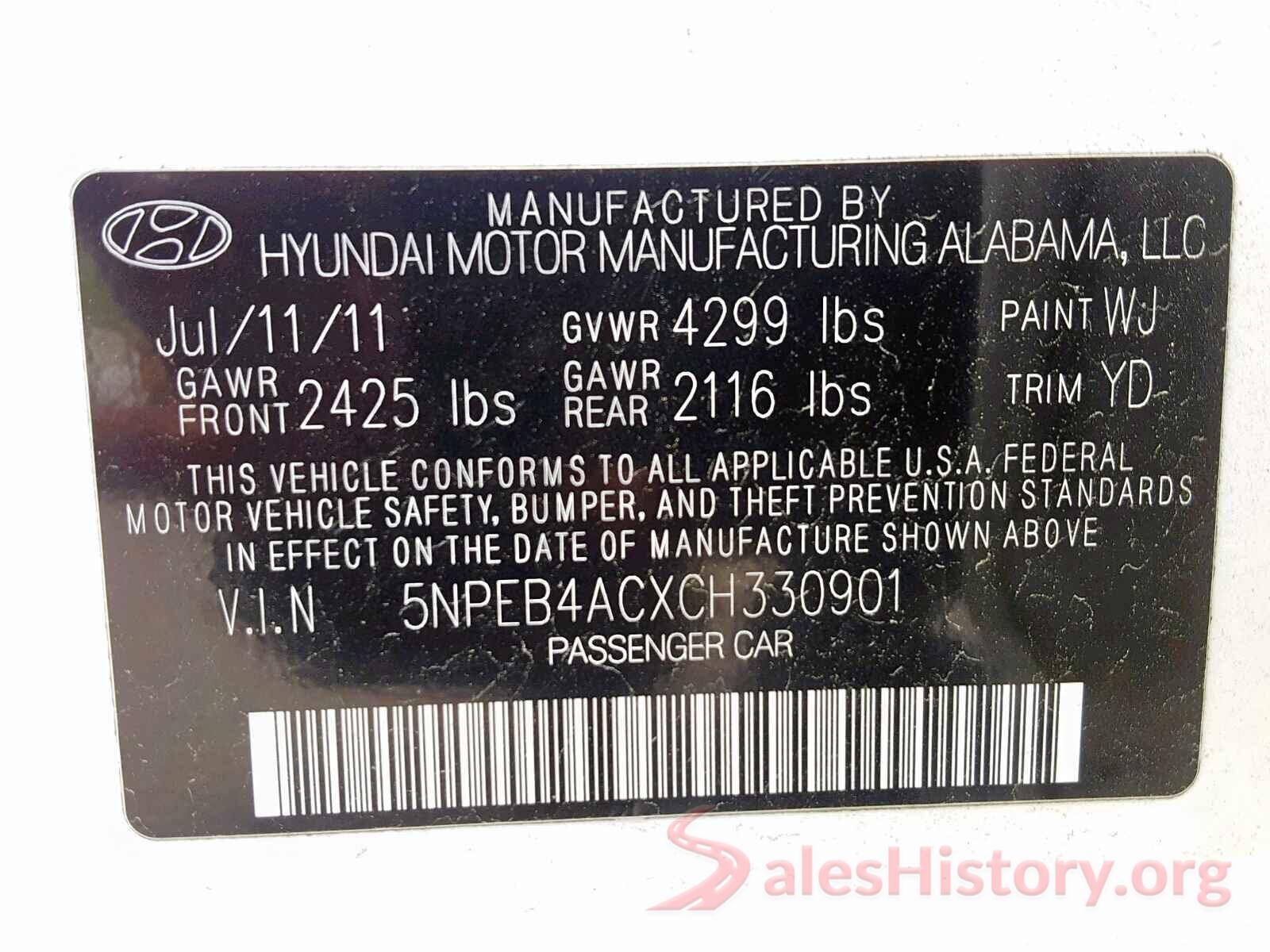 5NPEB4ACXCH330901 2012 HYUNDAI SONATA