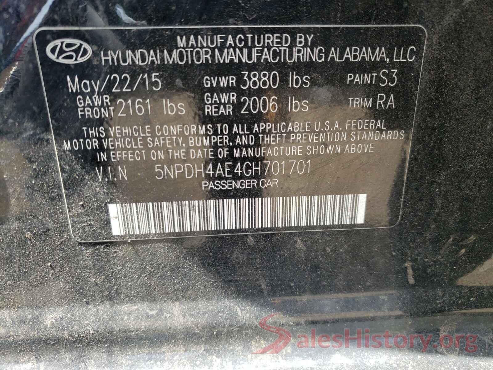 5NPDH4AE4GH701701 2016 HYUNDAI ELANTRA