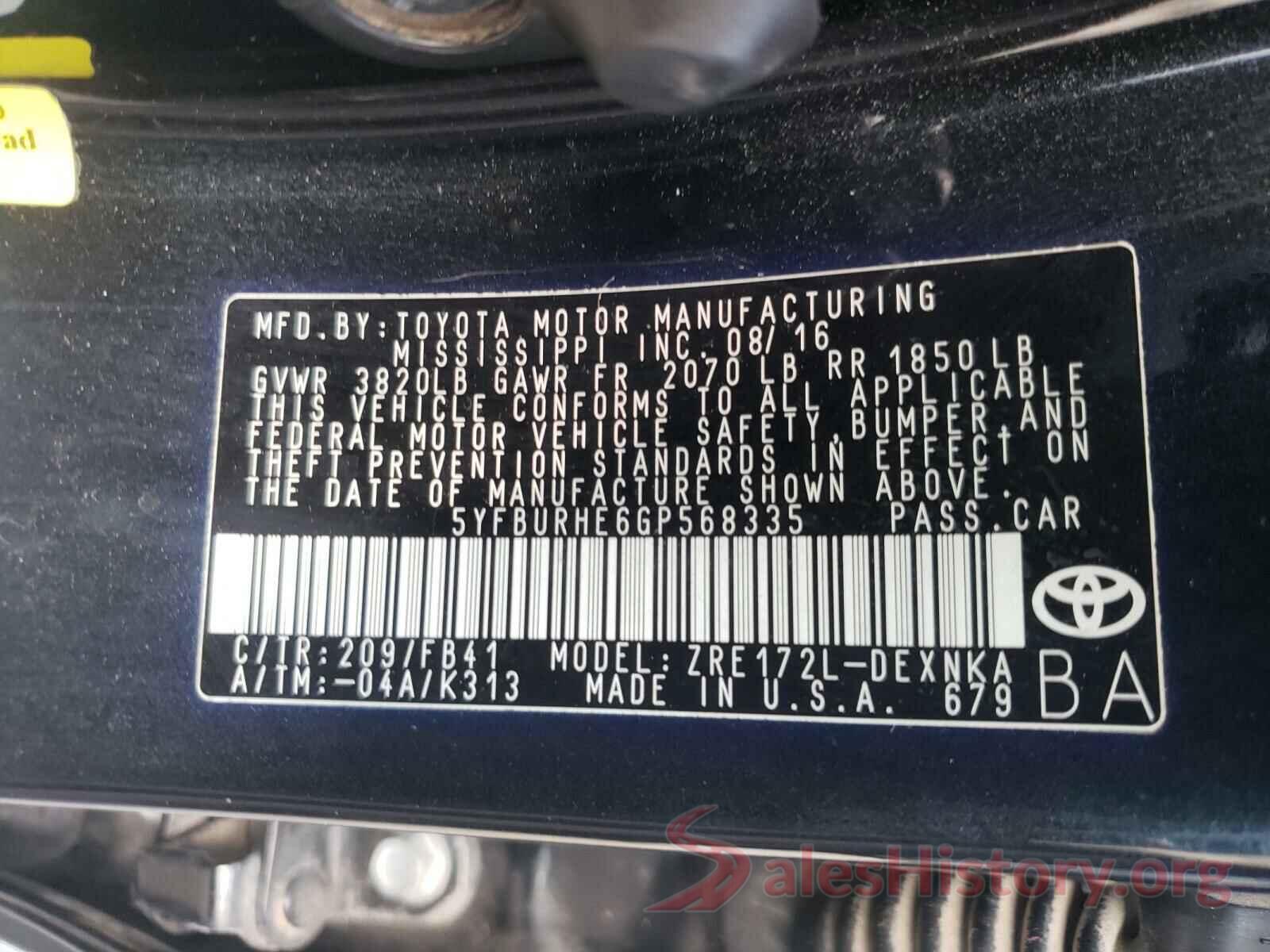 5YFBURHE6GP568335 2016 TOYOTA COROLLA