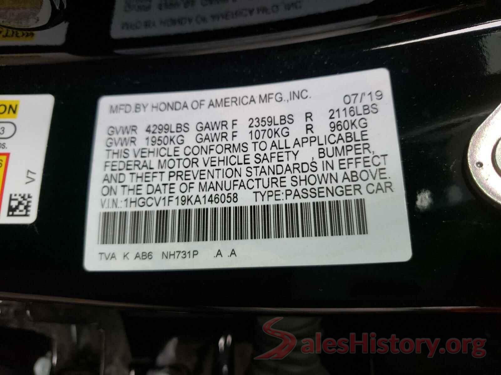 1HGCV1F19KA146058 2019 HONDA ACCORD