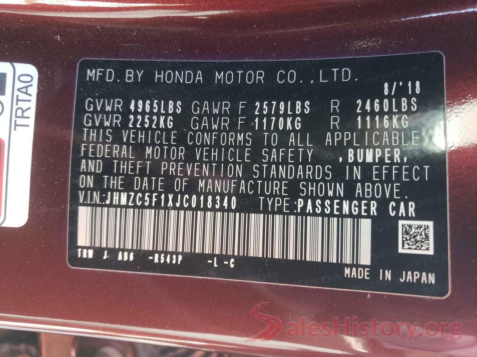 JHMZC5F1XJC018340 2018 HONDA CLARITY