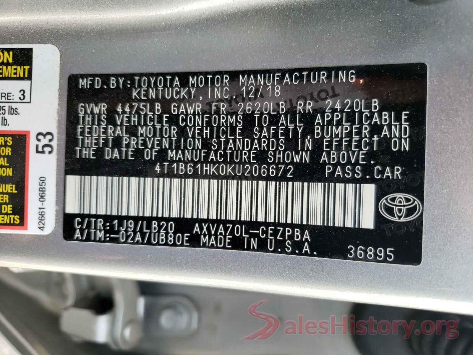 4T1B61HK0KU206672 2019 TOYOTA CAMRY