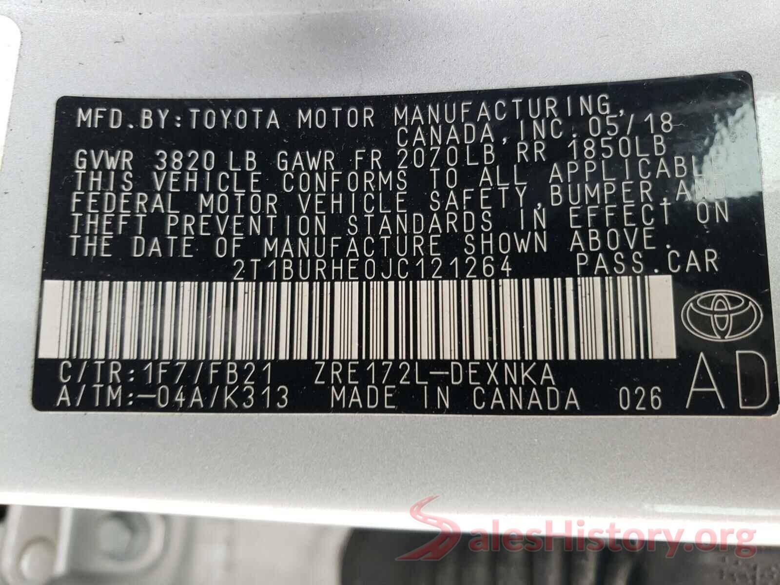 2T1BURHE0JC121264 2018 TOYOTA COROLLA