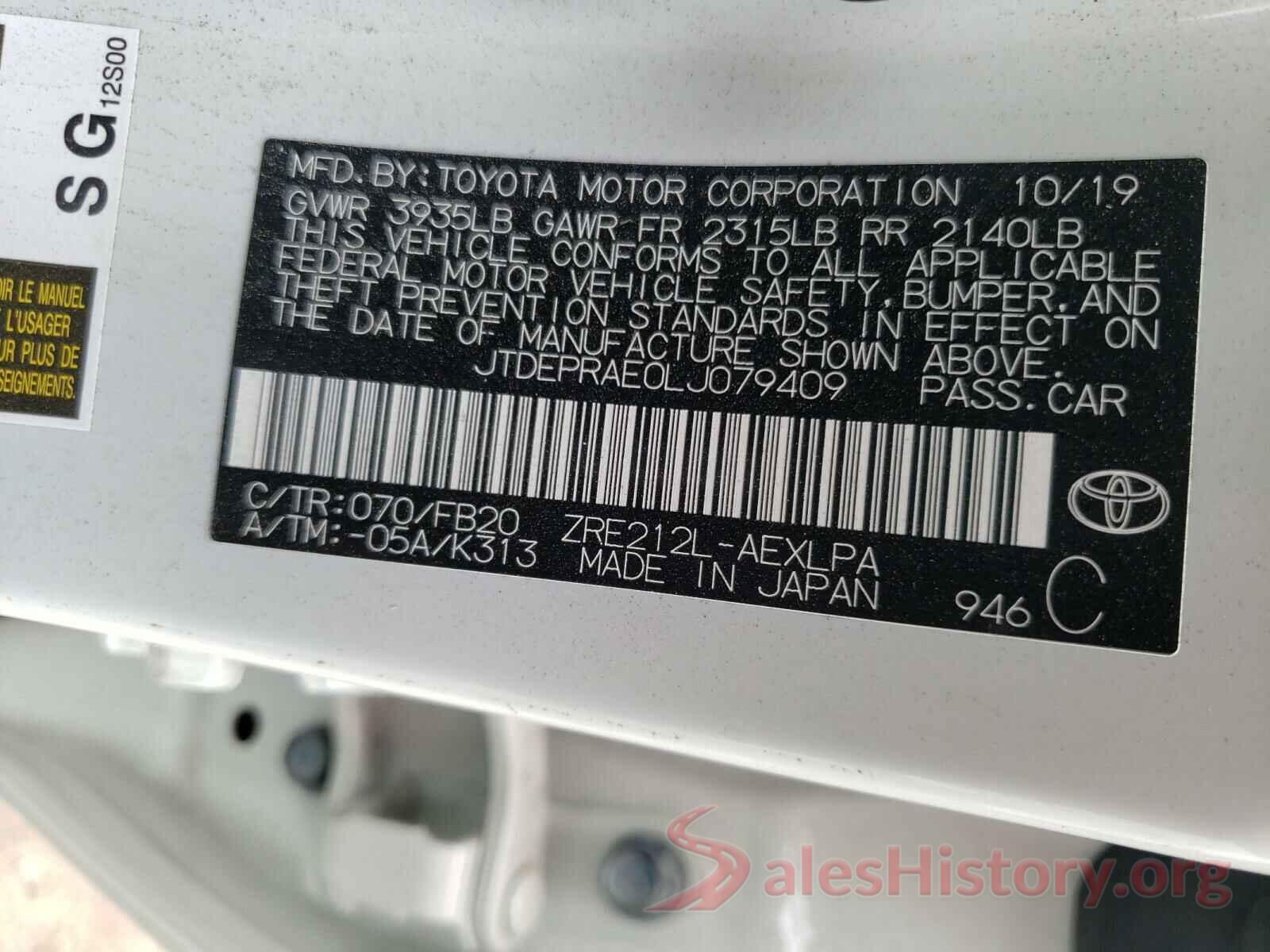 JTDEPRAE0LJ079409 2020 TOYOTA COROLLA