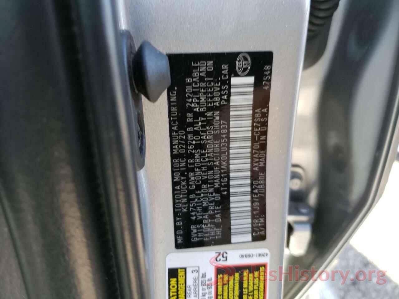 4T1G11AK0LU354837 2020 TOYOTA CAMRY