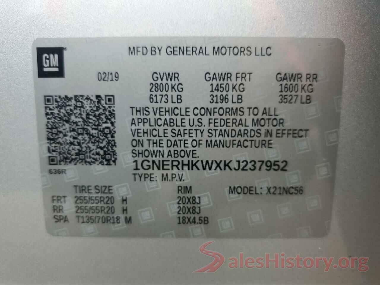 1GNERHKWXKJ237952 2019 CHEVROLET TRAVERSE