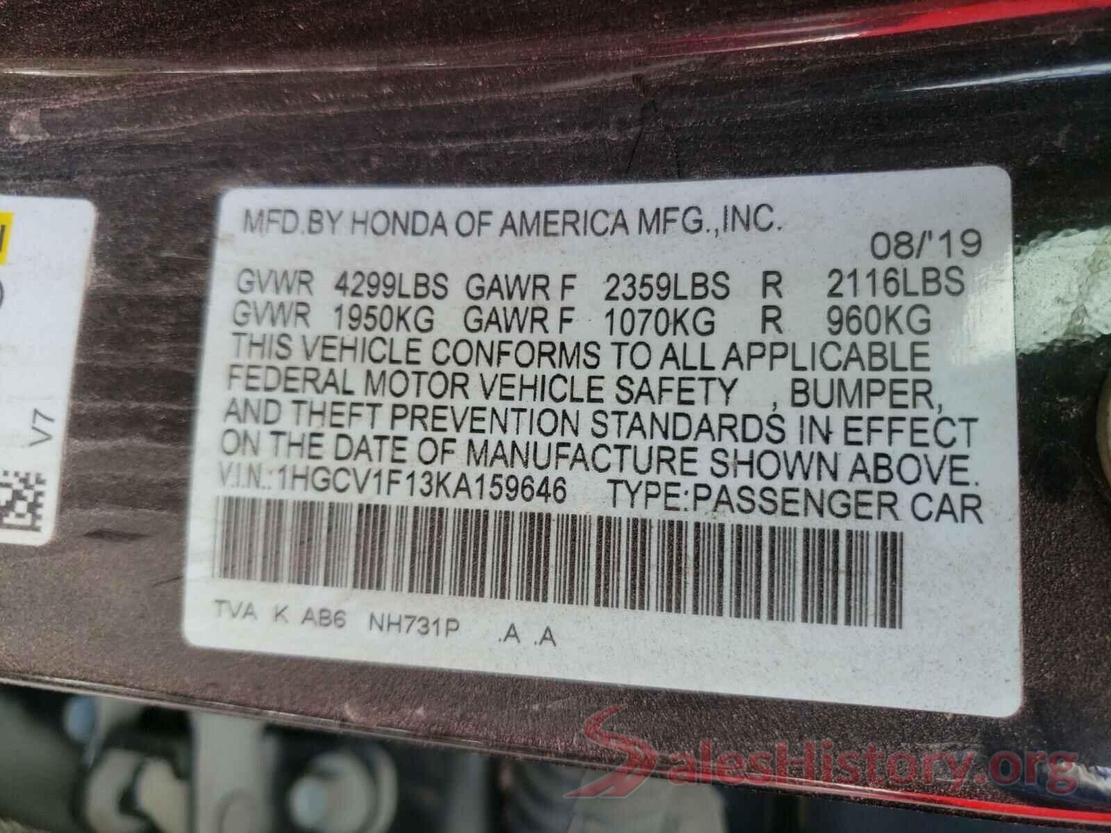 1HGCV1F13KA159646 2019 HONDA ACCORD