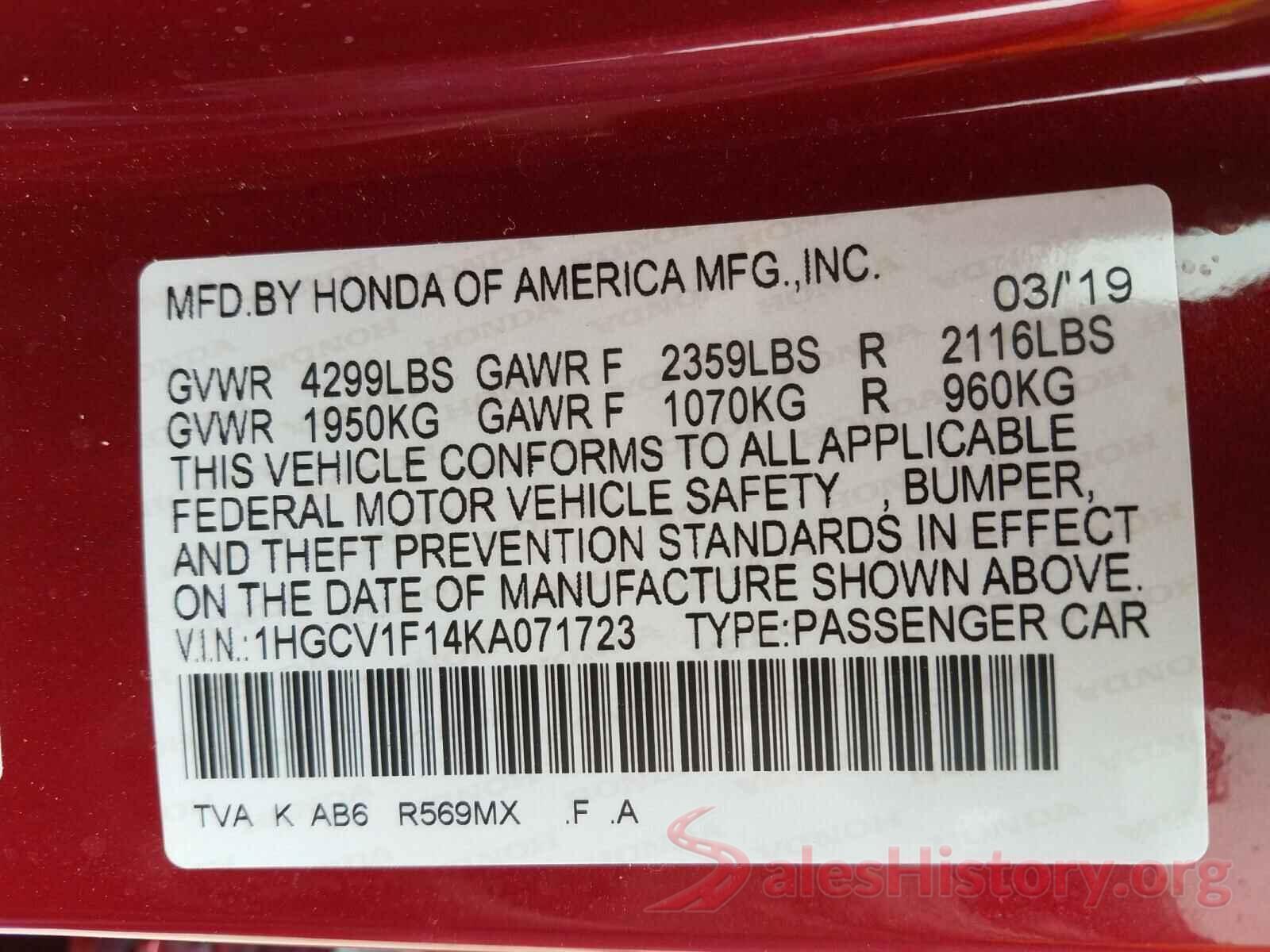 1HGCV1F14KA071723 2019 HONDA ACCORD