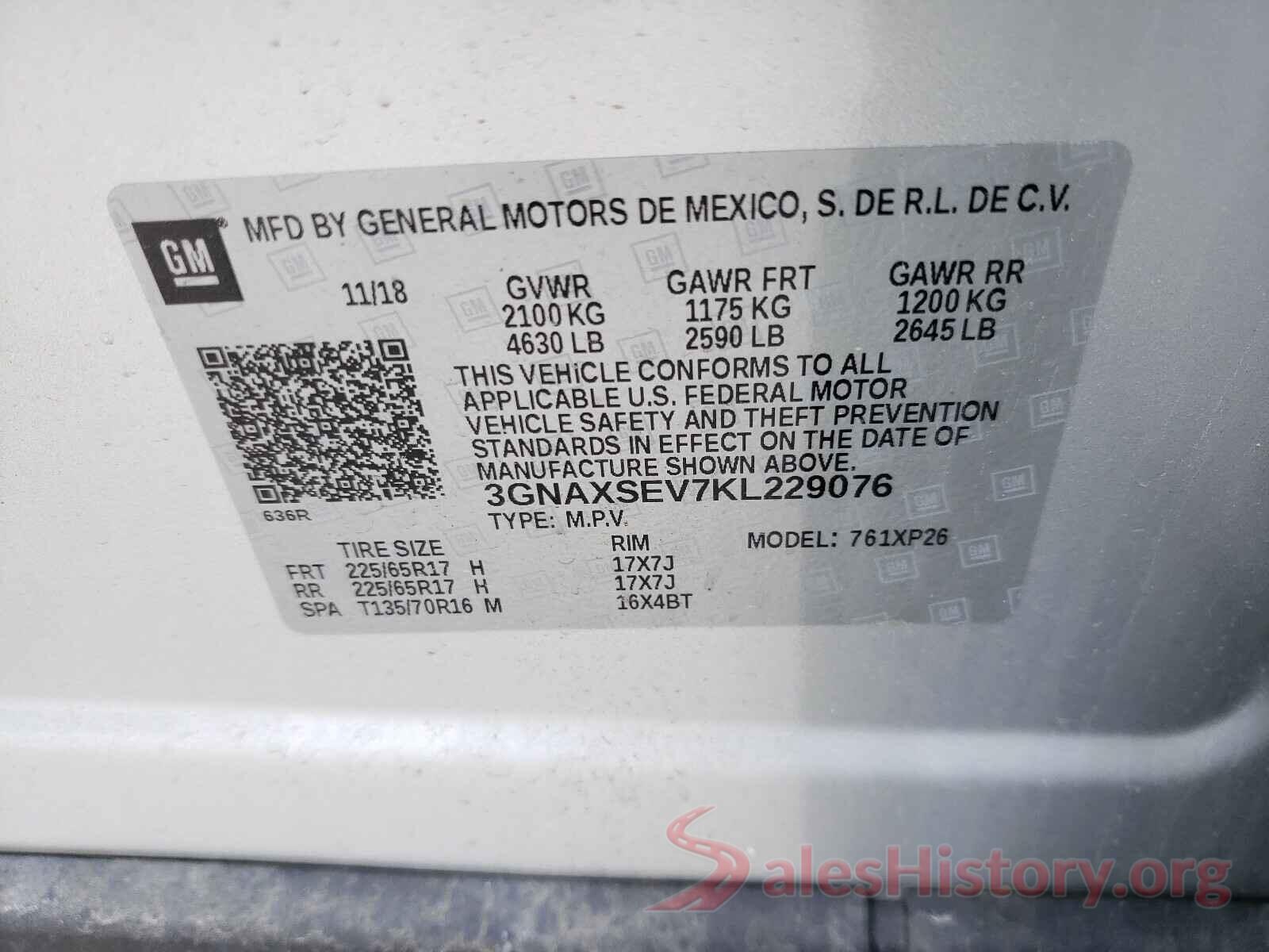 3GNAXSEV7KL229076 2019 CHEVROLET EQUINOX