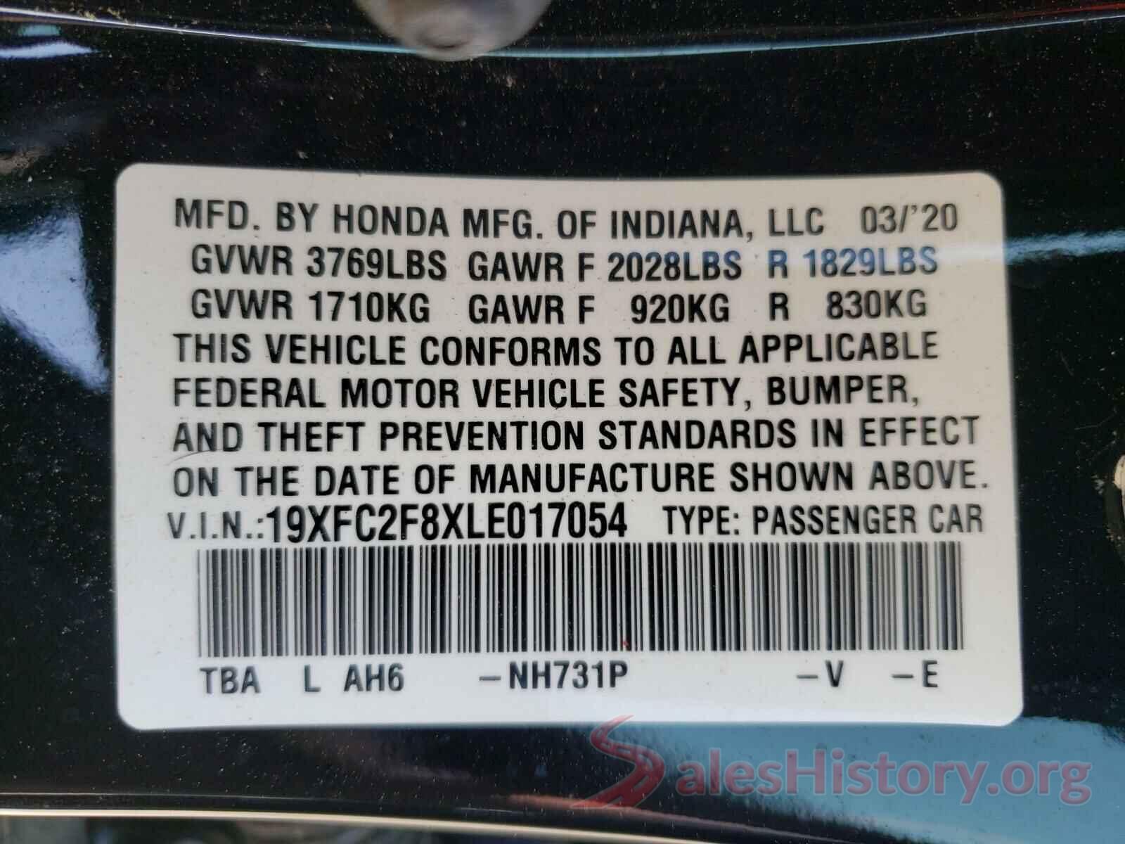 19XFC2F8XLE017054 2020 HONDA CIVIC