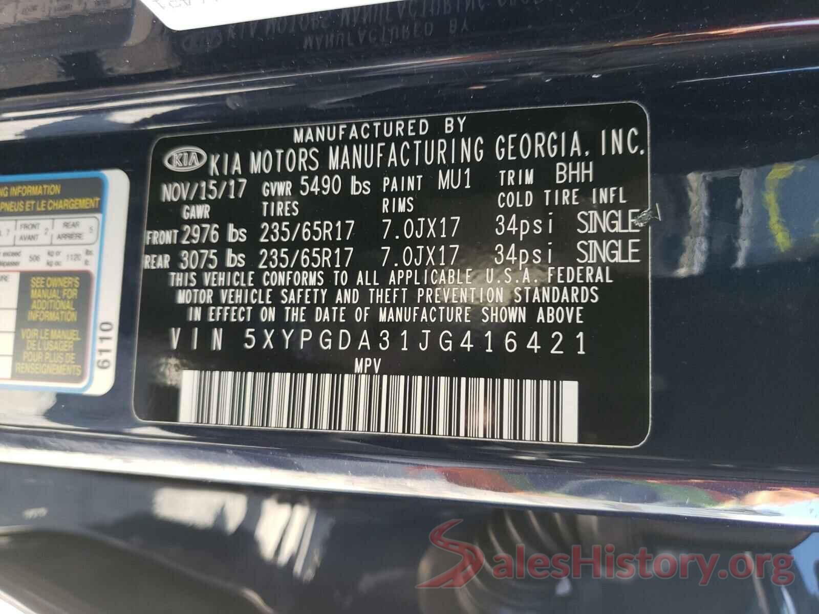 5XYPGDA31JG416421 2018 KIA SORENTO