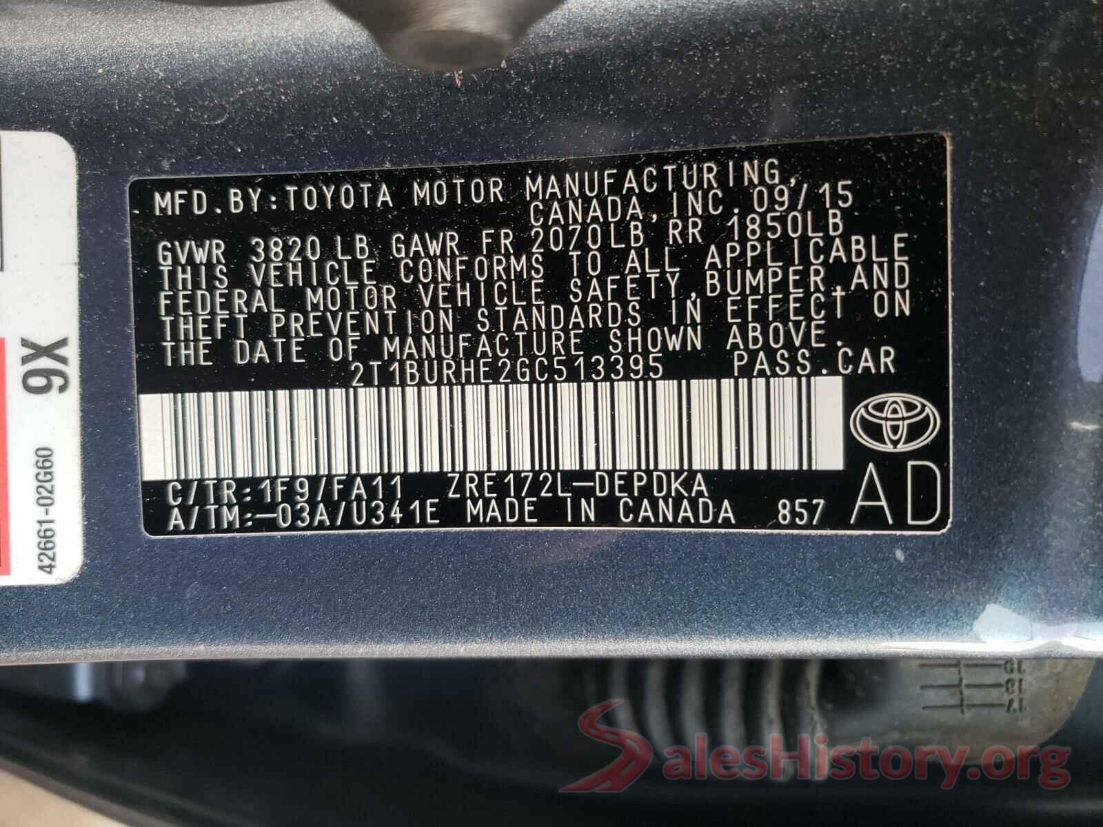 2T1BURHE2GC513395 2016 TOYOTA COROLLA