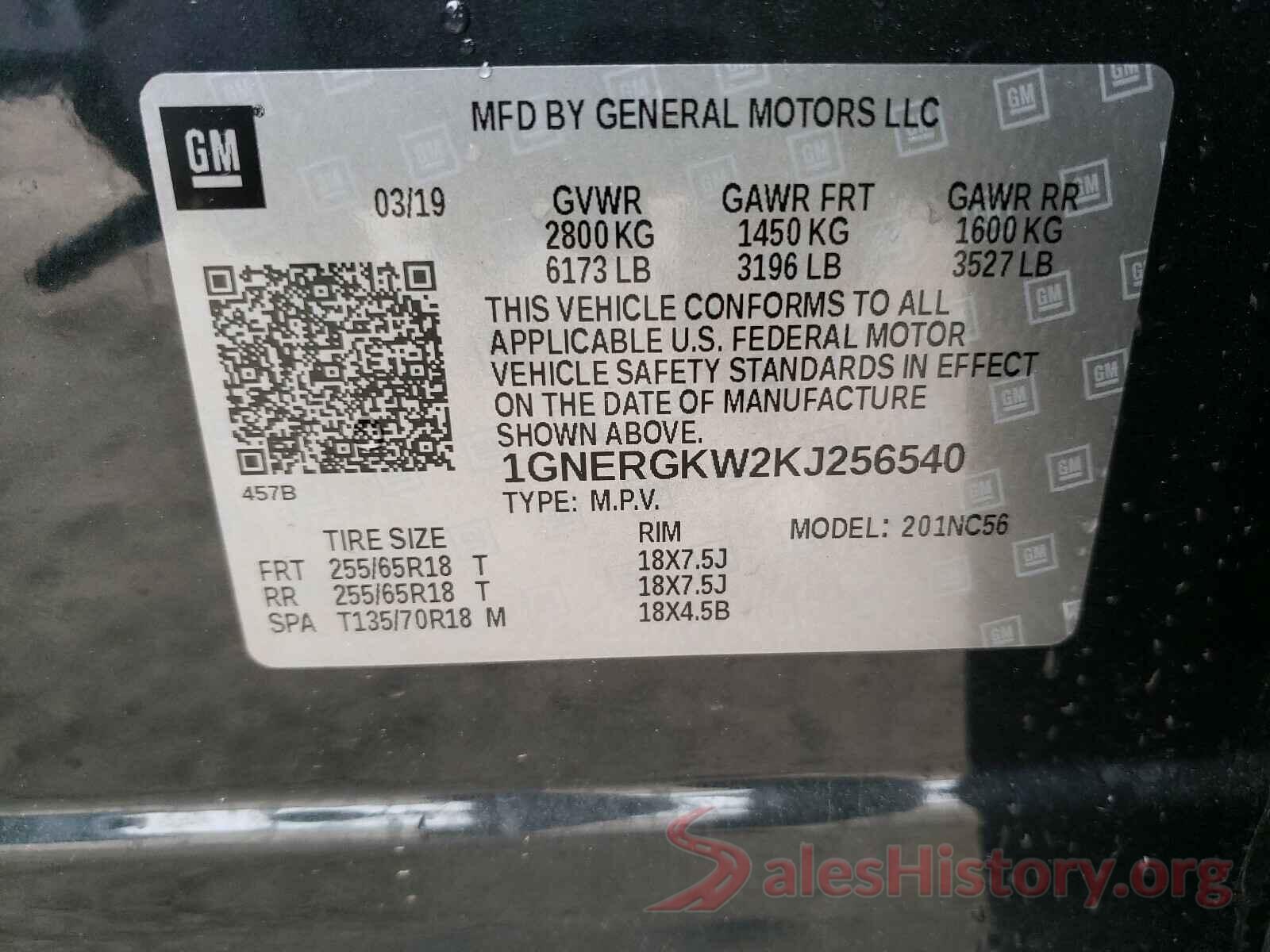 1GNERGKW2KJ256540 2019 CHEVROLET TRAVERSE