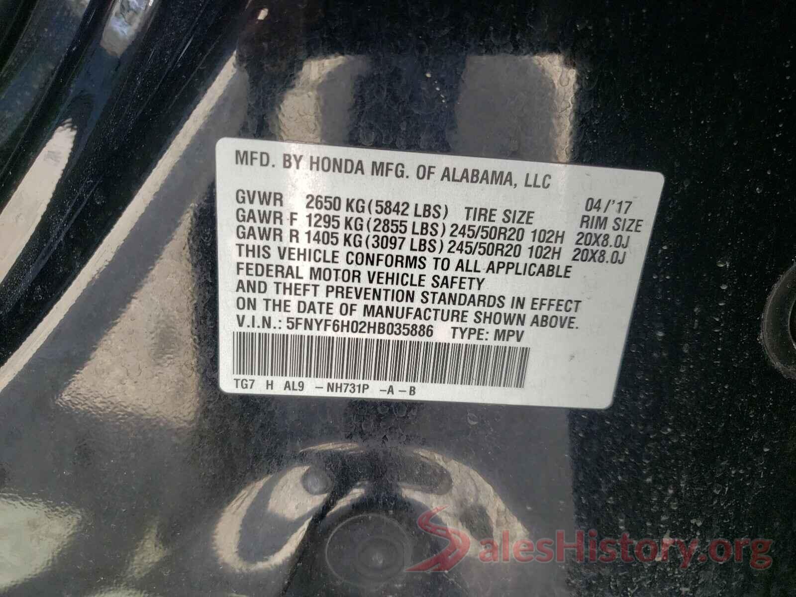 5FNYF6H02HB035886 2017 HONDA PILOT