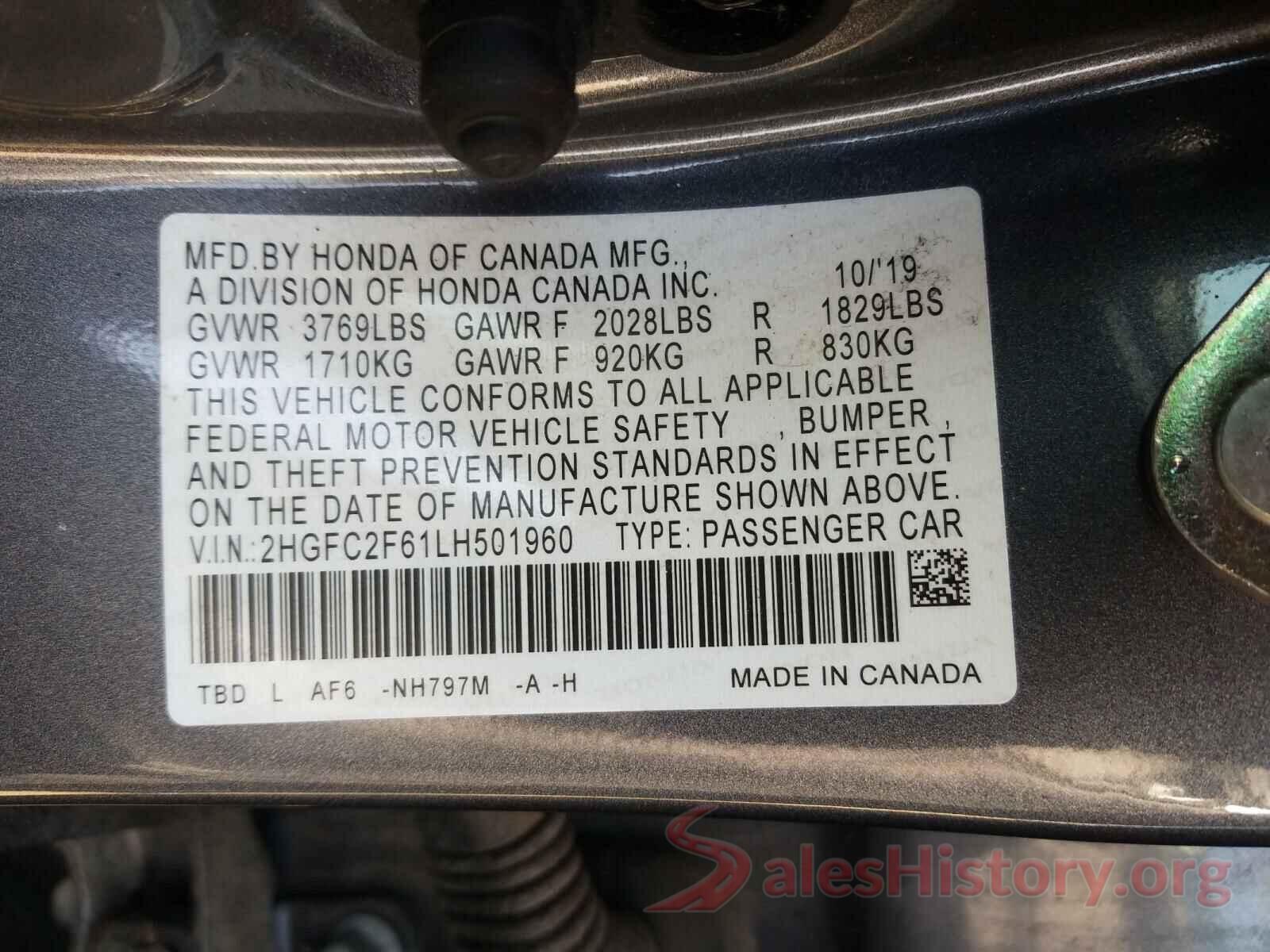 2HGFC2F61LH501960 2020 HONDA CIVIC