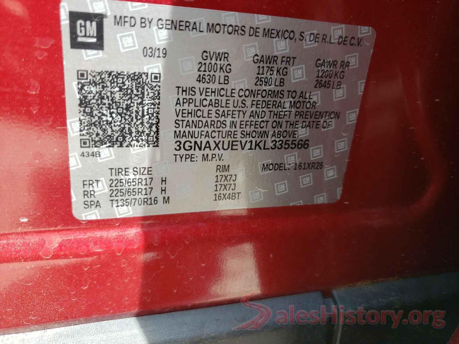 3GNAXUEV1KL335566 2019 CHEVROLET EQUINOX