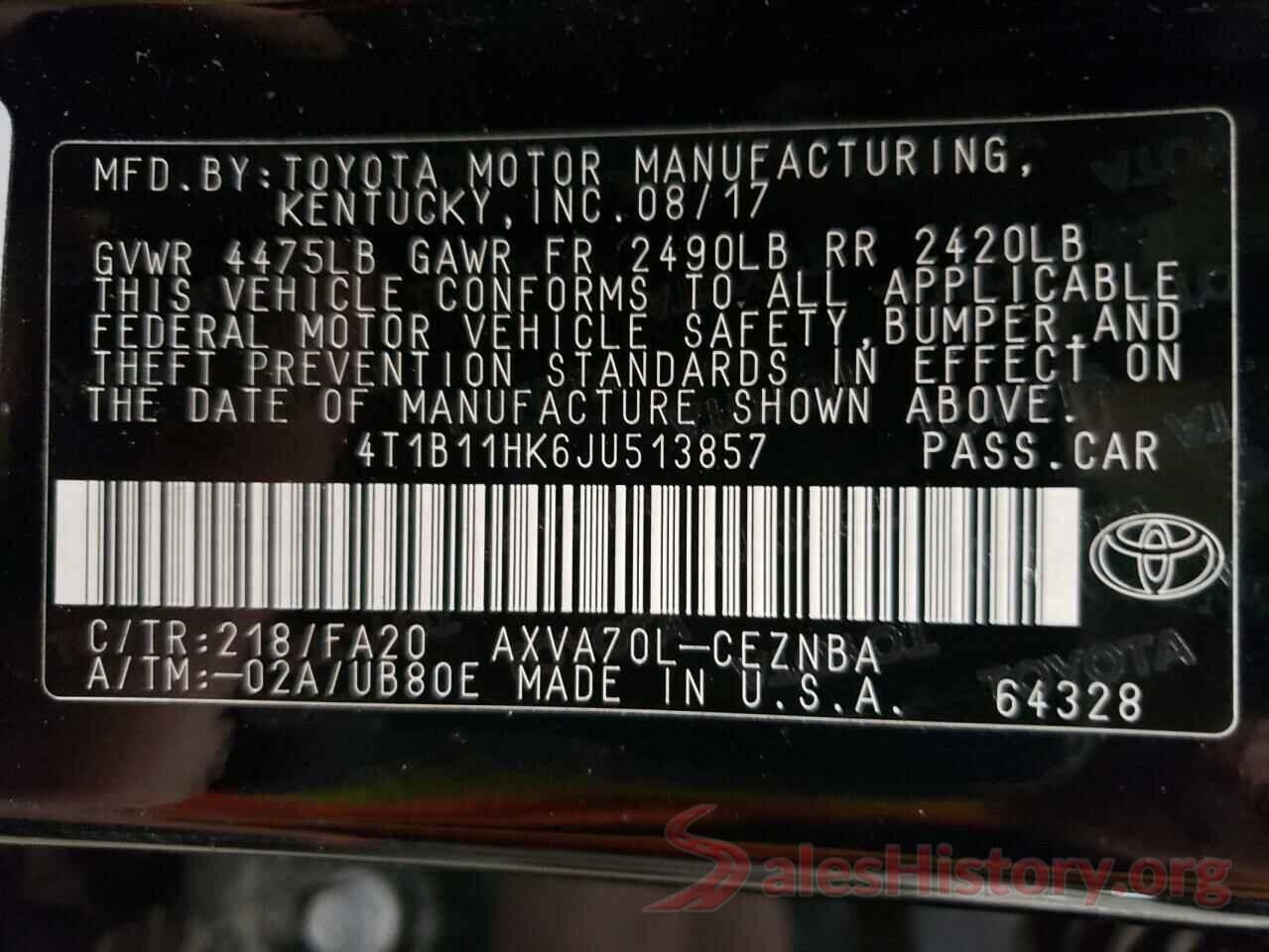 4T1B11HK6JU513857 2018 TOYOTA CAMRY