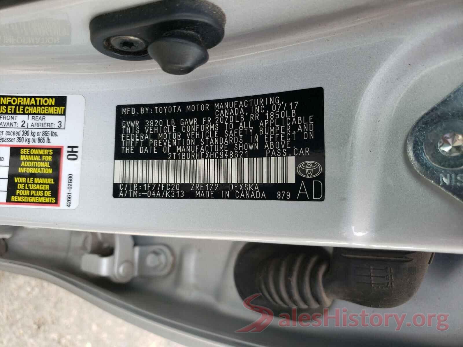 2T1BURHEXHC948621 2017 TOYOTA COROLLA