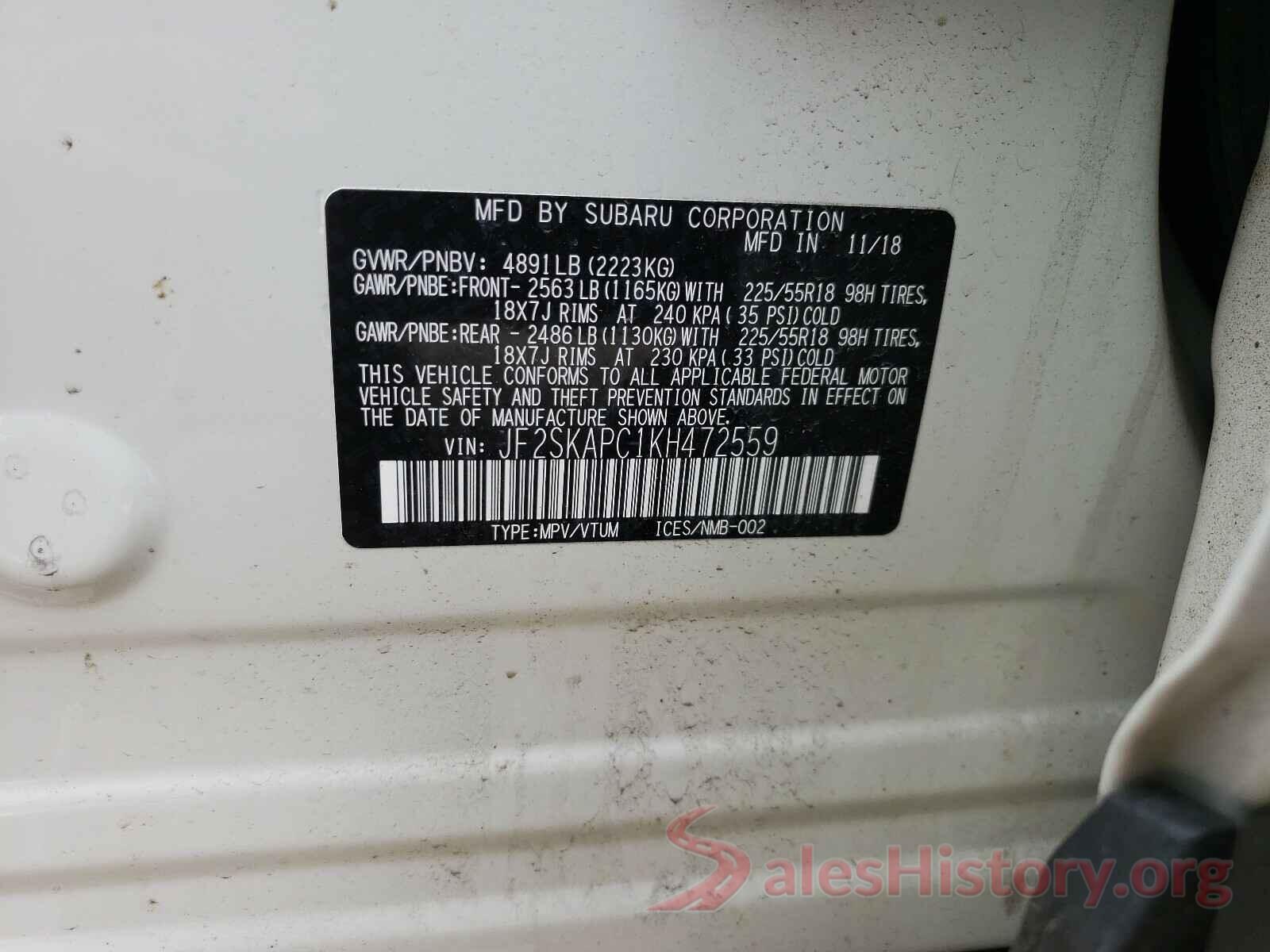 JF2SKAPC1KH472559 2019 SUBARU FORESTER