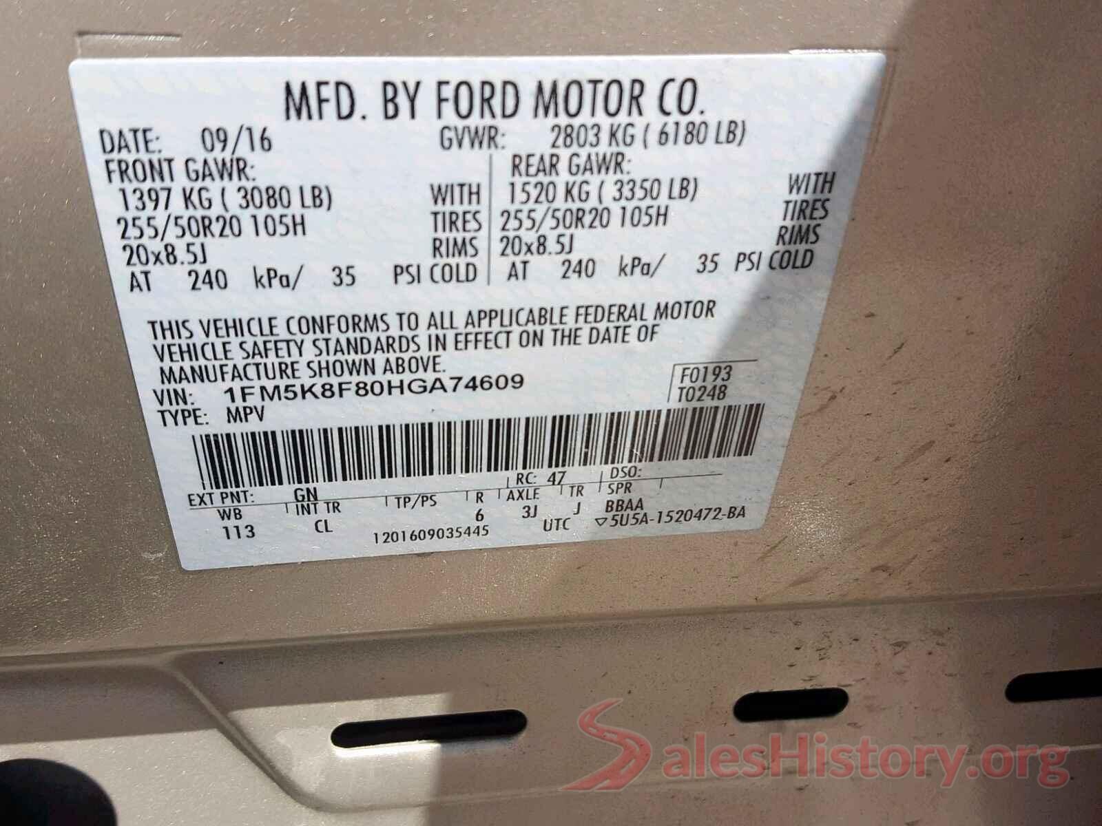 1FM5K8F80HGA74609 2017 FORD EXPLORER L