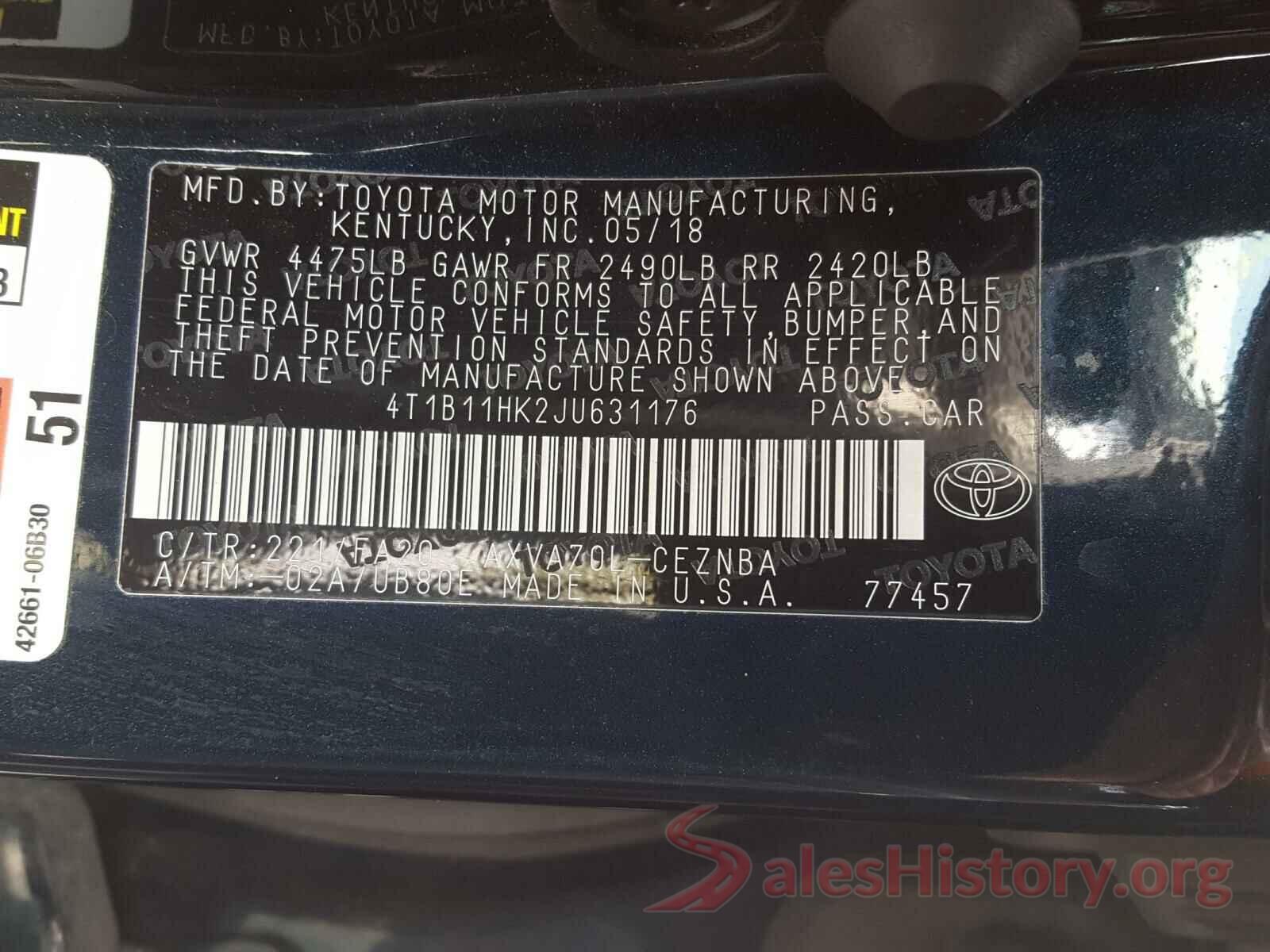 4T1B11HK2JU631176 2018 TOYOTA CAMRY