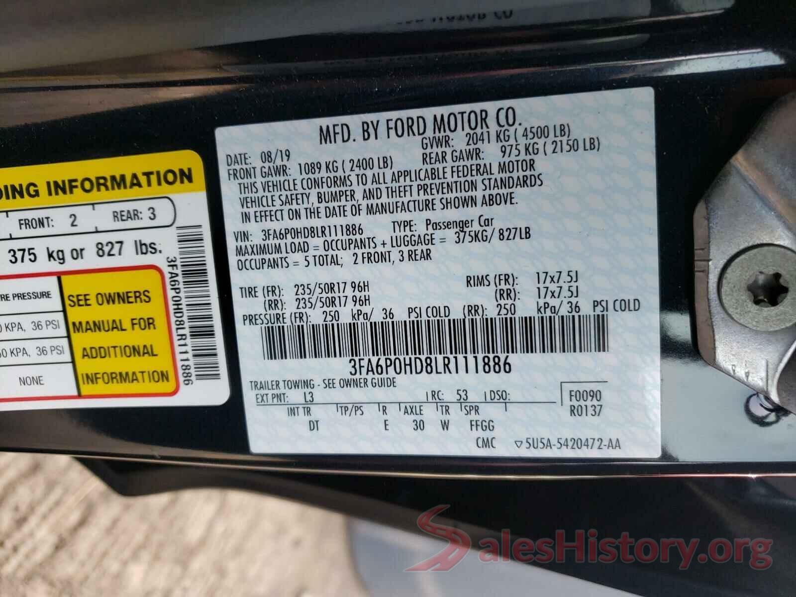 3FA6P0HD8LR111886 2020 FORD FUSION