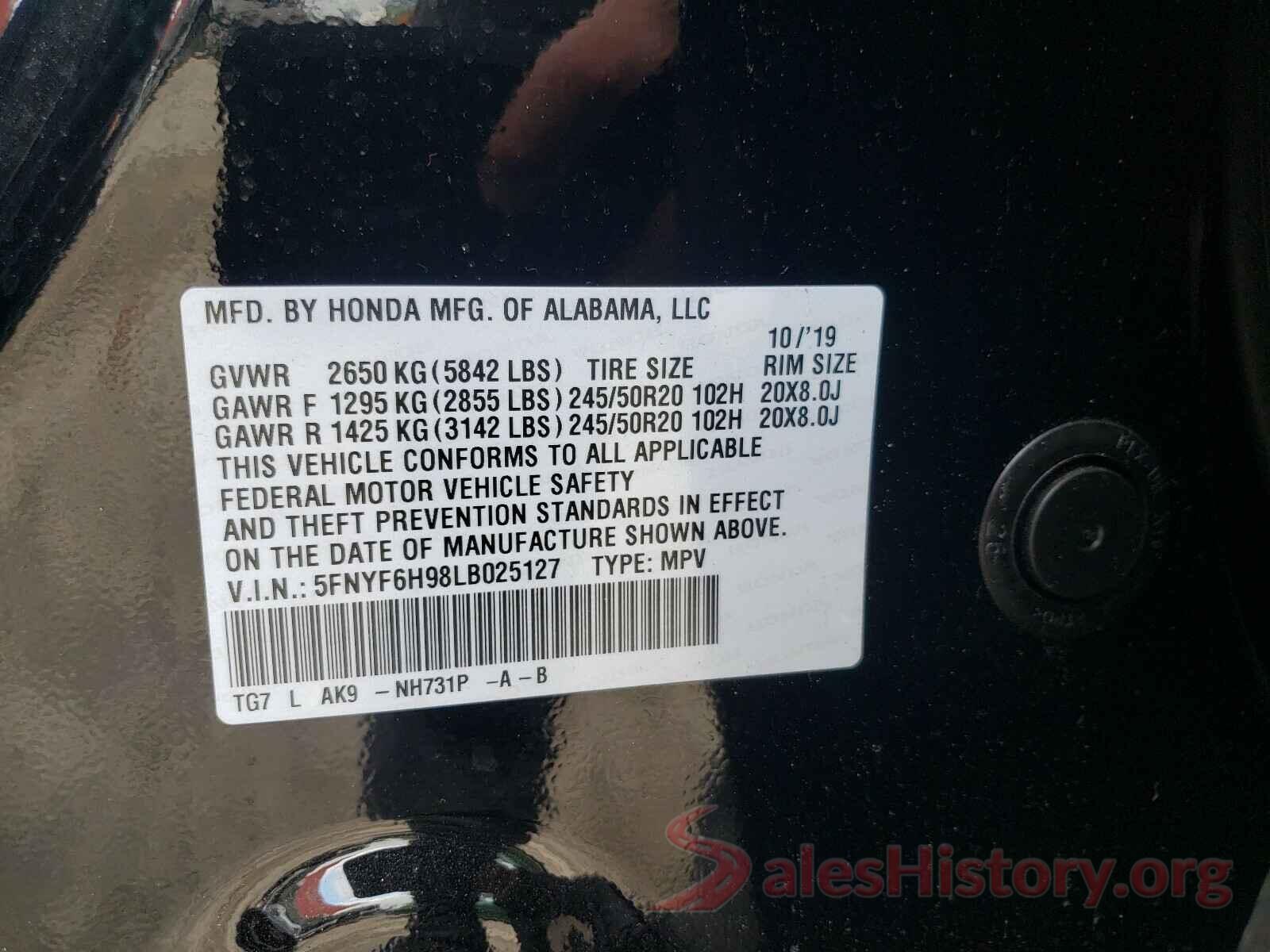 5FNYF6H98LB025127 2020 HONDA PILOT