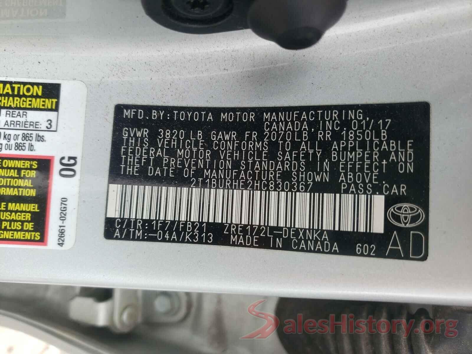 2T1BURHE2HC830367 2017 TOYOTA COROLLA