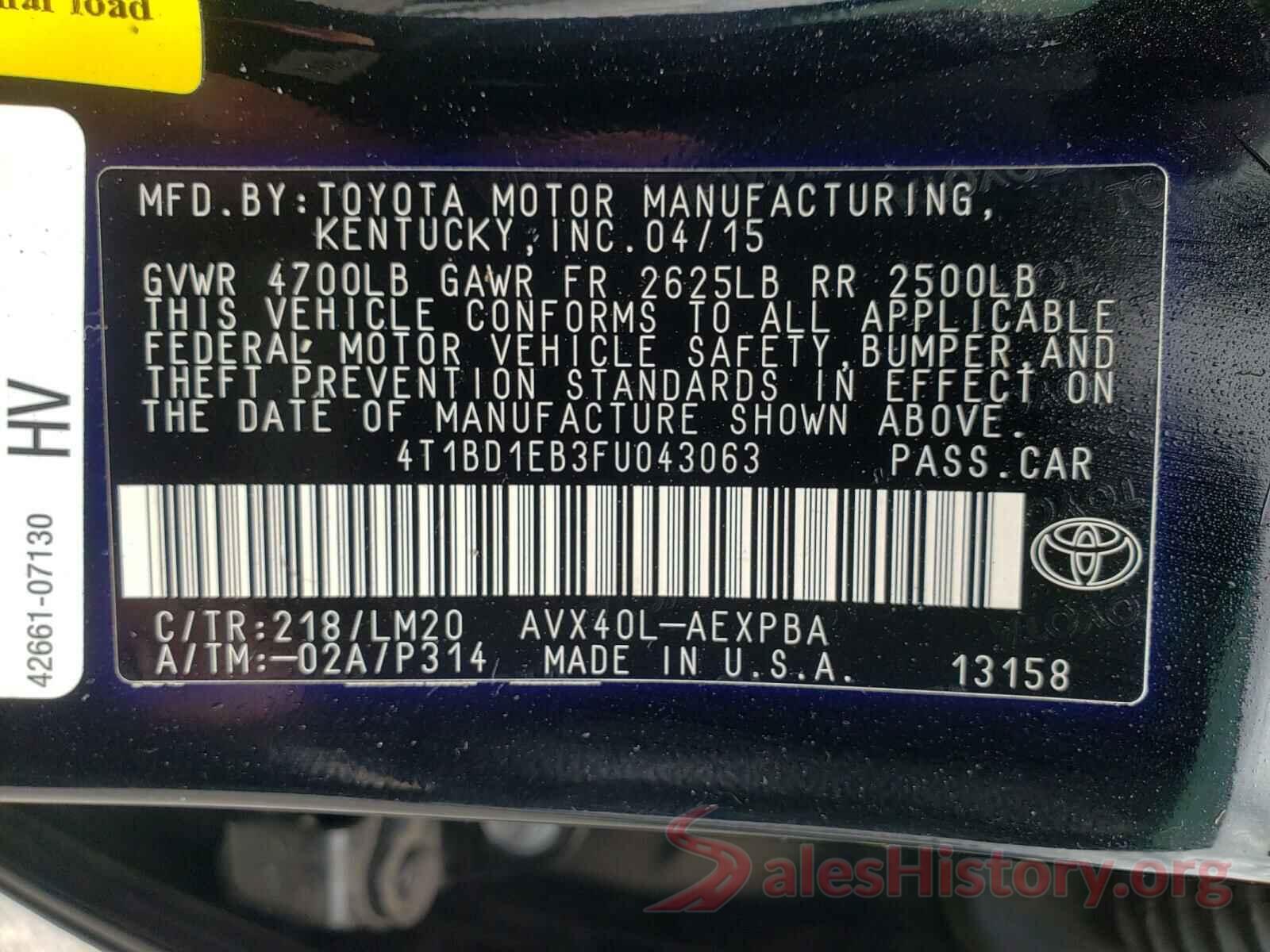 4T1BD1EB3FU043063 2015 TOYOTA AVALON