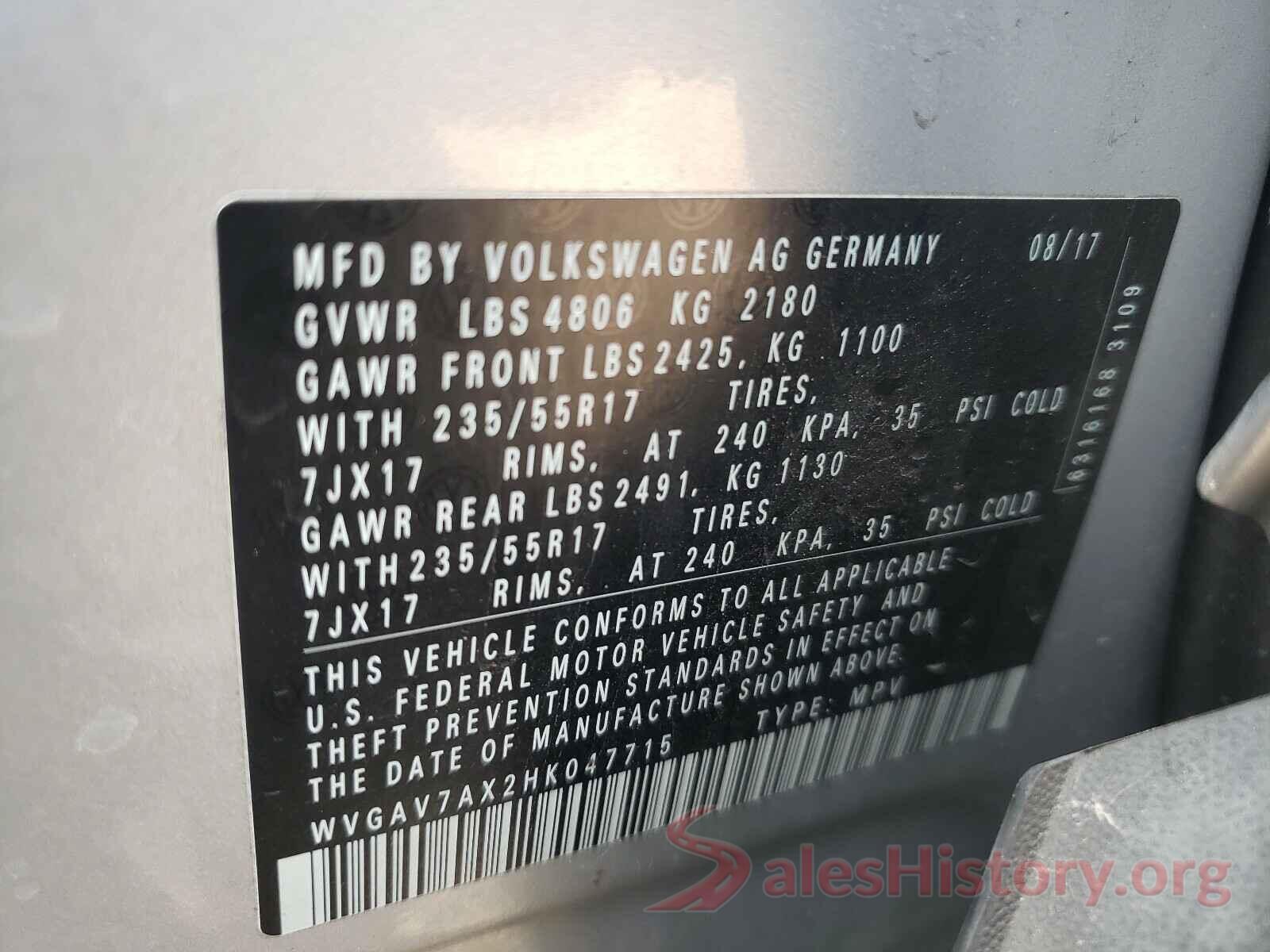 WVGAV7AX2HK047715 2017 VOLKSWAGEN TIGUAN