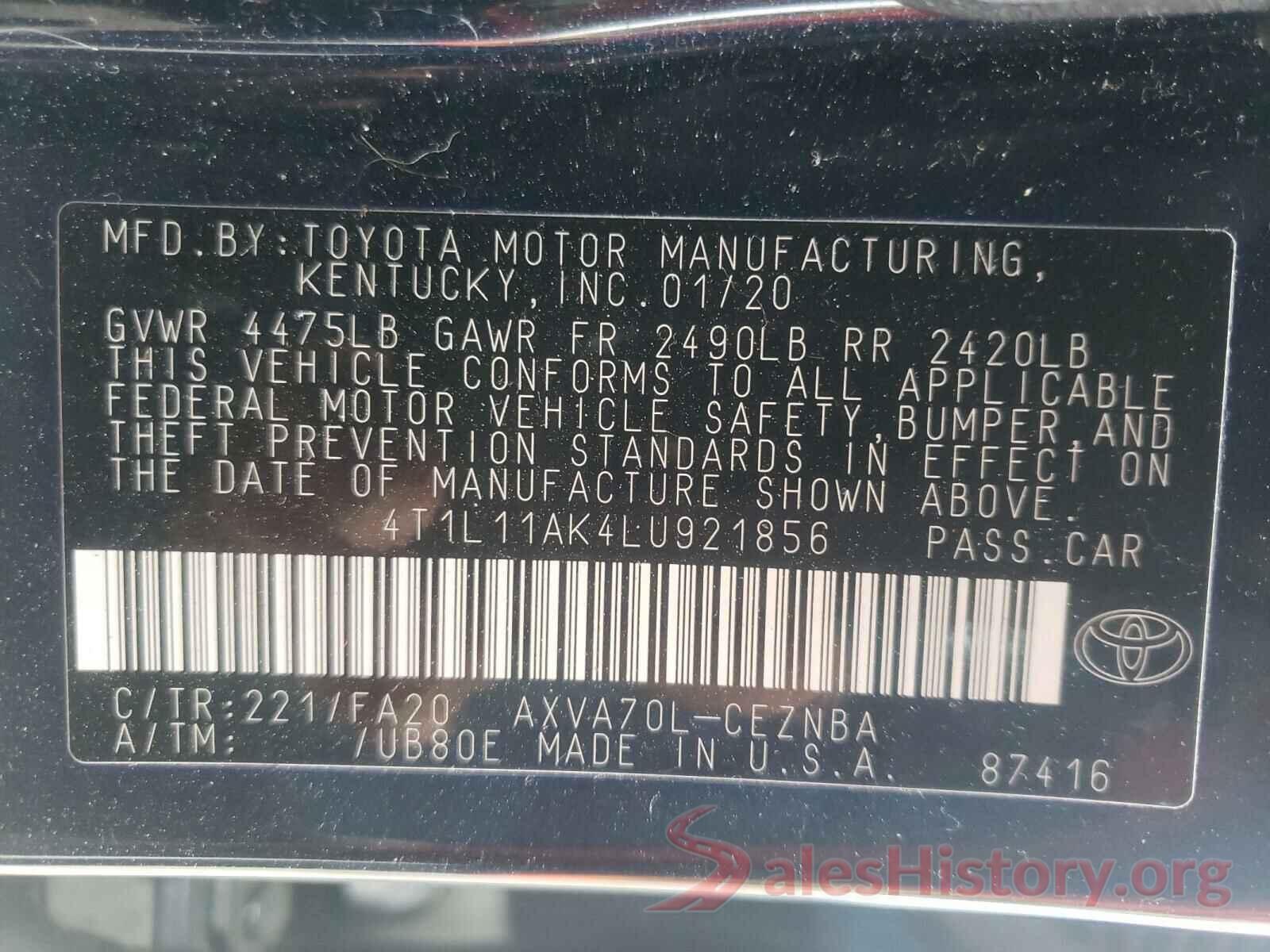 4T1L11AK4LU921856 2020 TOYOTA CAMRY