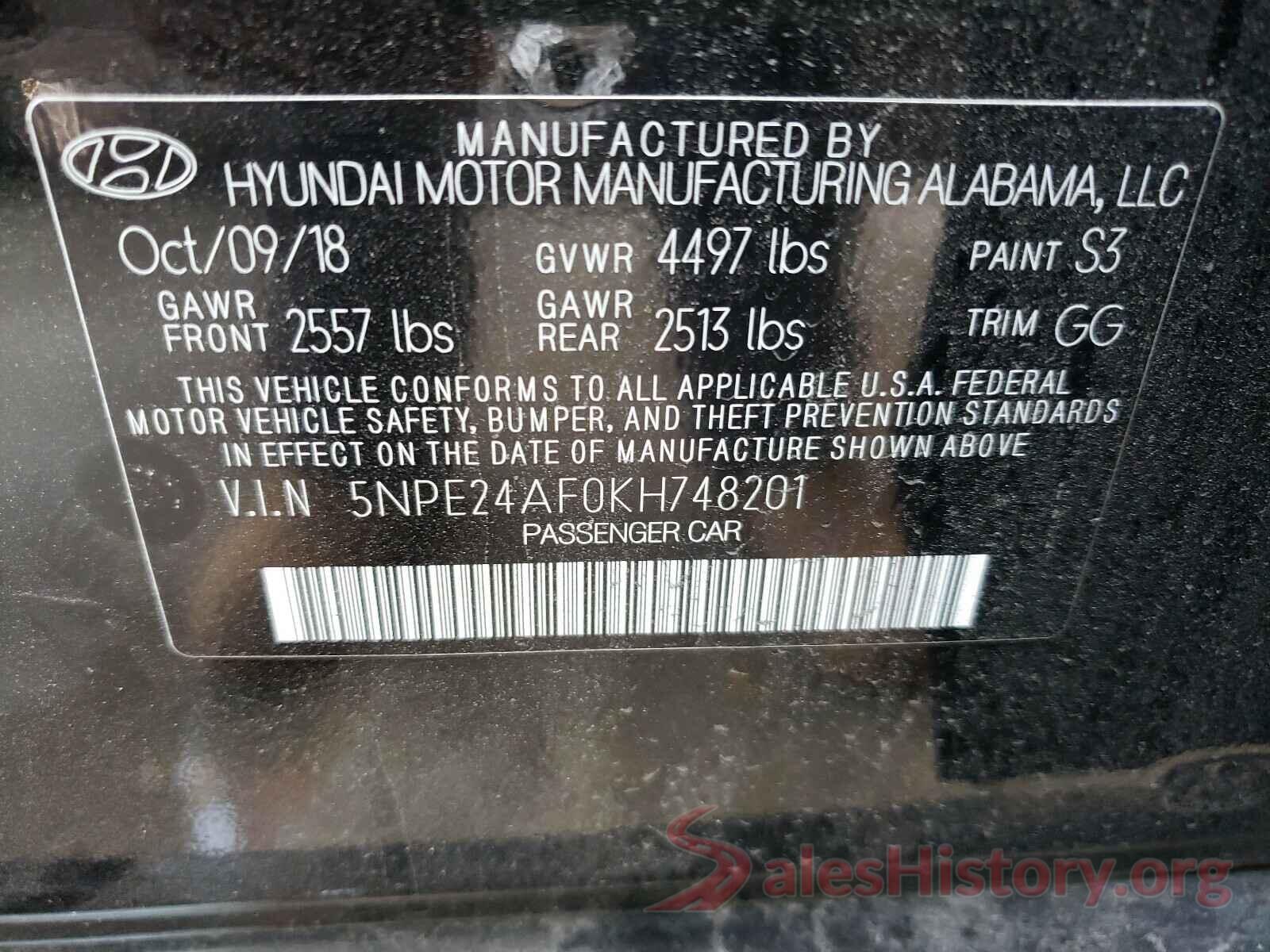 5NPE24AF0KH748201 2019 HYUNDAI SONATA