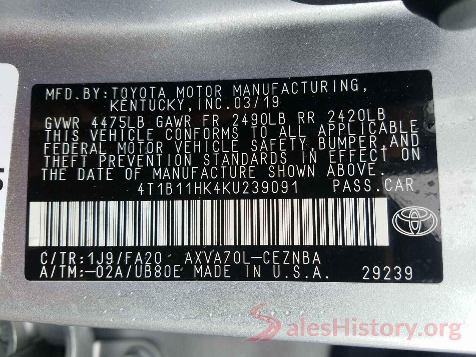 4T1B11HK4KU239091 2019 TOYOTA CAMRY