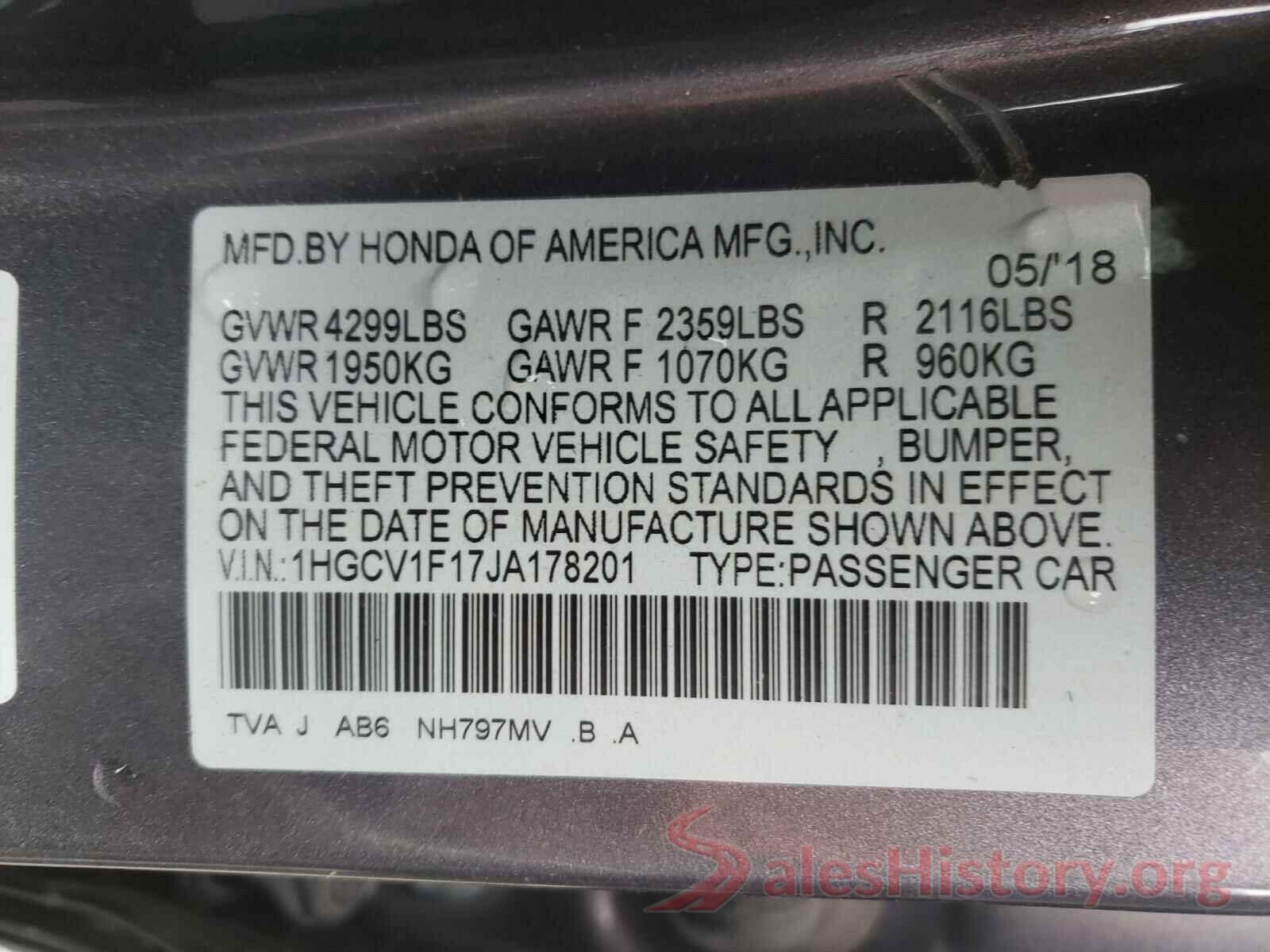 1HGCV1F17JA178201 2018 HONDA ACCORD