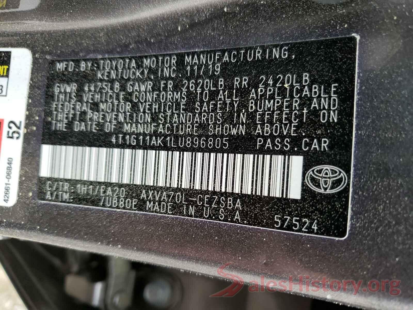 4T1G11AK1LU896805 2020 TOYOTA CAMRY