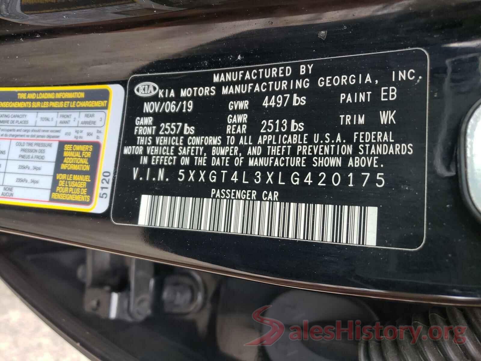 5XXGT4L3XLG420175 2020 KIA OPTIMA