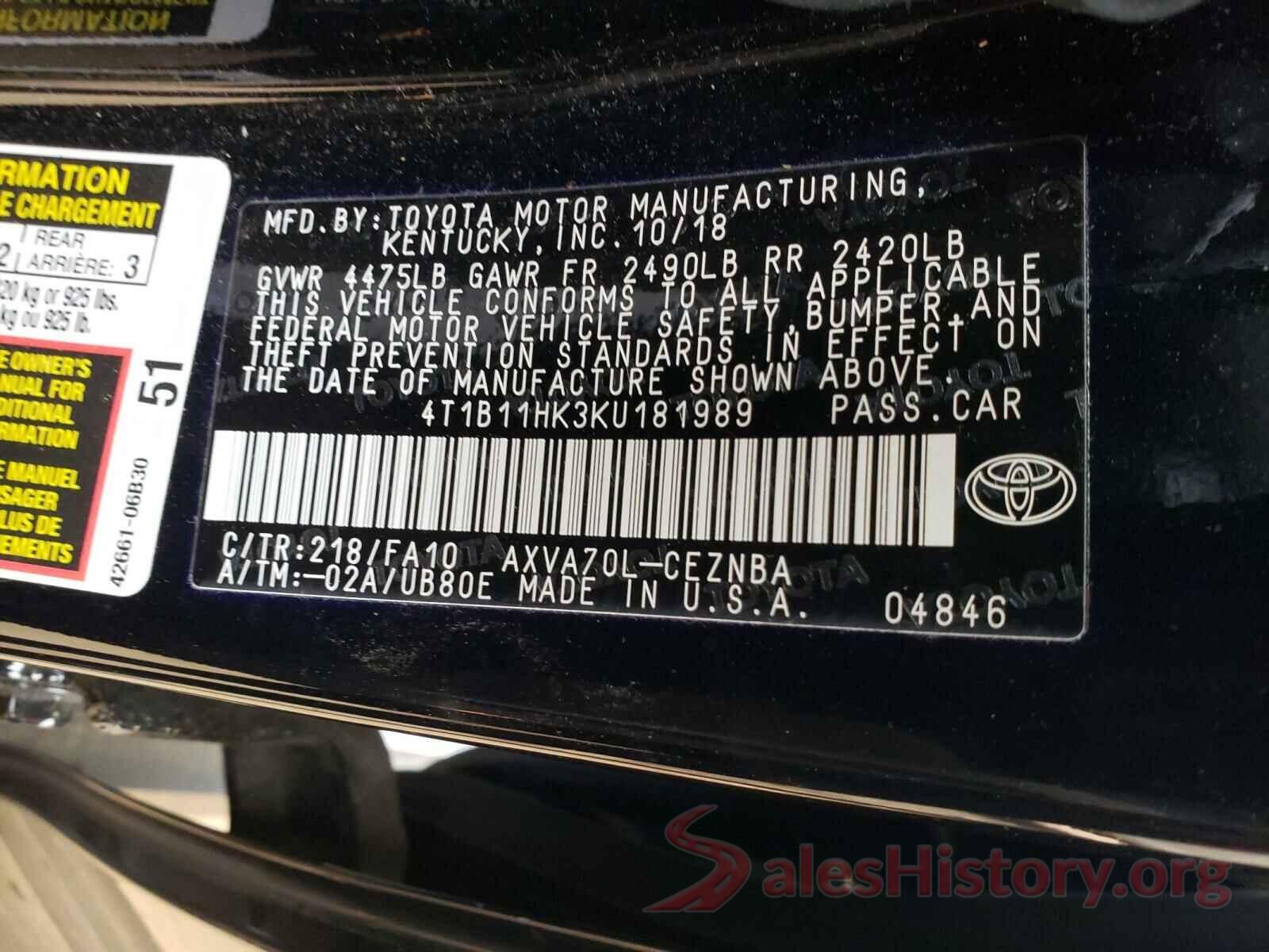 4T1B11HK3KU181989 2019 TOYOTA CAMRY