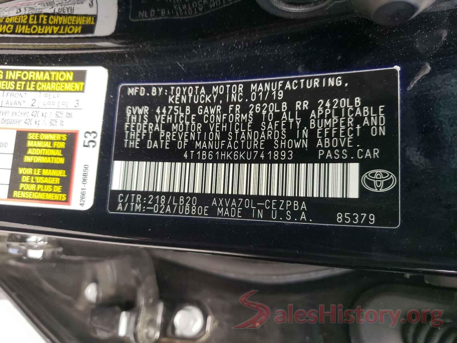 4T1B61HK6KU741893 2019 TOYOTA CAMRY