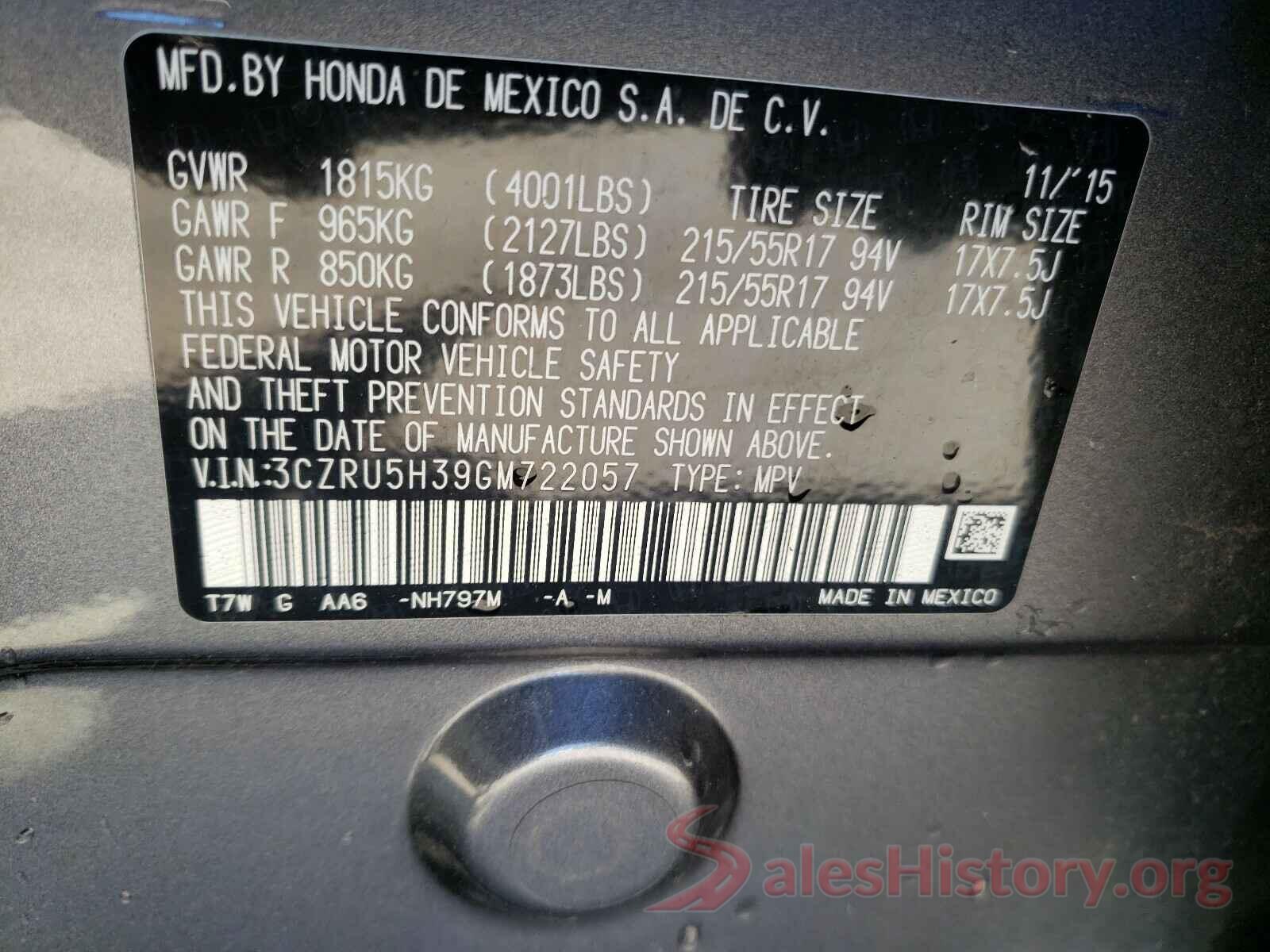 3CZRU5H39GM722057 2016 HONDA HR-V