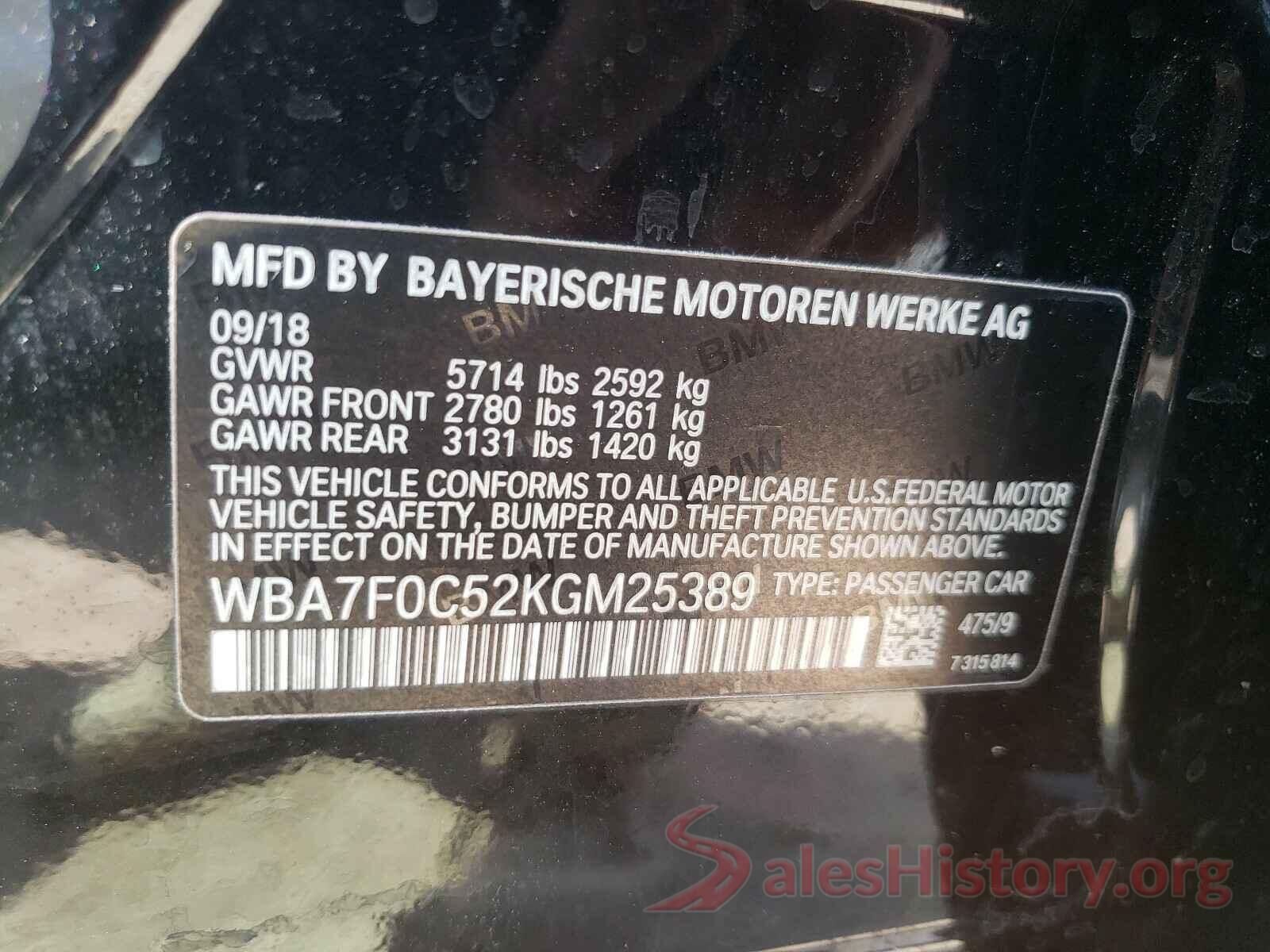 WBA7F0C52KGM25389 2019 BMW 7 SERIES