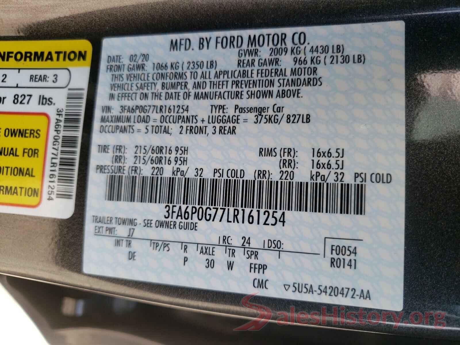 3FA6P0G77LR161254 2020 FORD FUSION