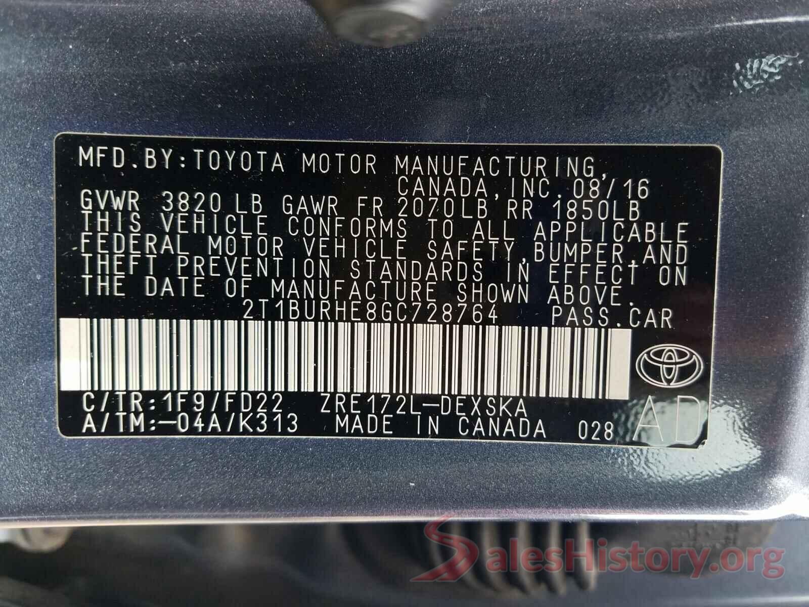 2T1BURHE8GC728764 2016 TOYOTA COROLLA