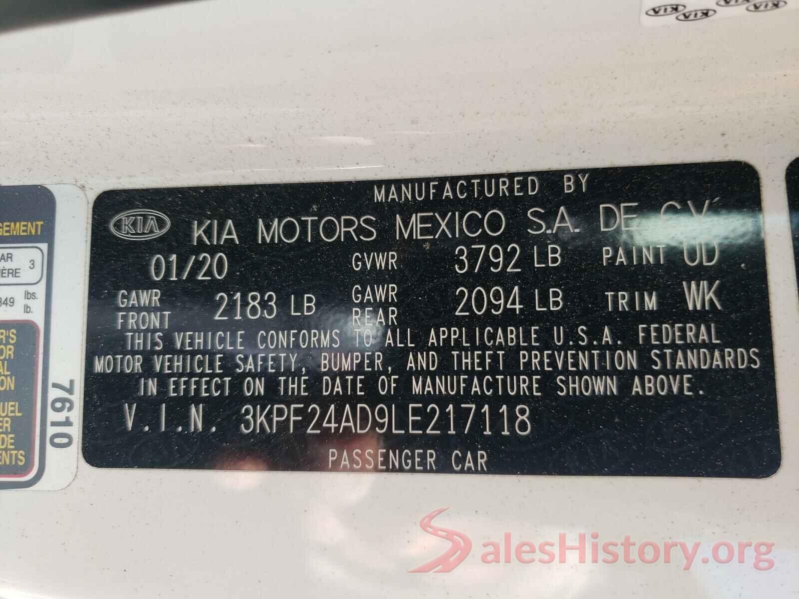 3KPF24AD9LE217118 2020 KIA FORTE