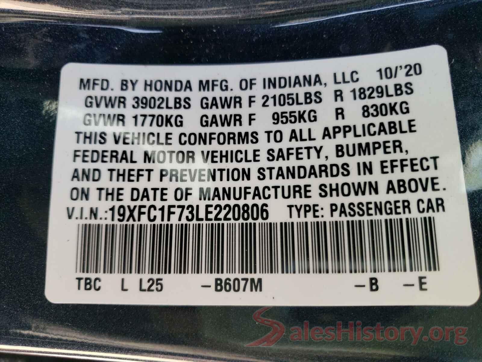 19XFC1F73LE220806 2020 HONDA CIVIC