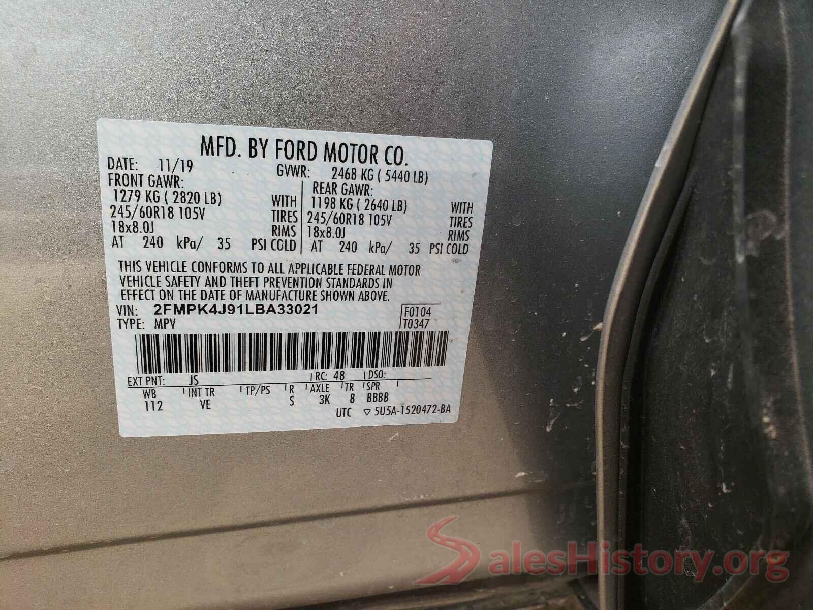 2FMPK4J91LBA33021 2020 FORD EDGE